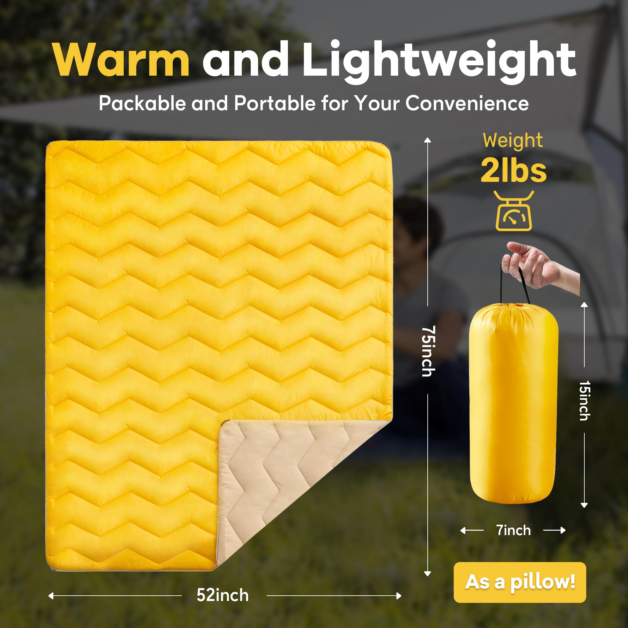 Unikome Lightweight Travel Blanket, Waterproof Warm Puffy Down Alternative Camping Blanket With Corner Loops, 75'52', Yellow