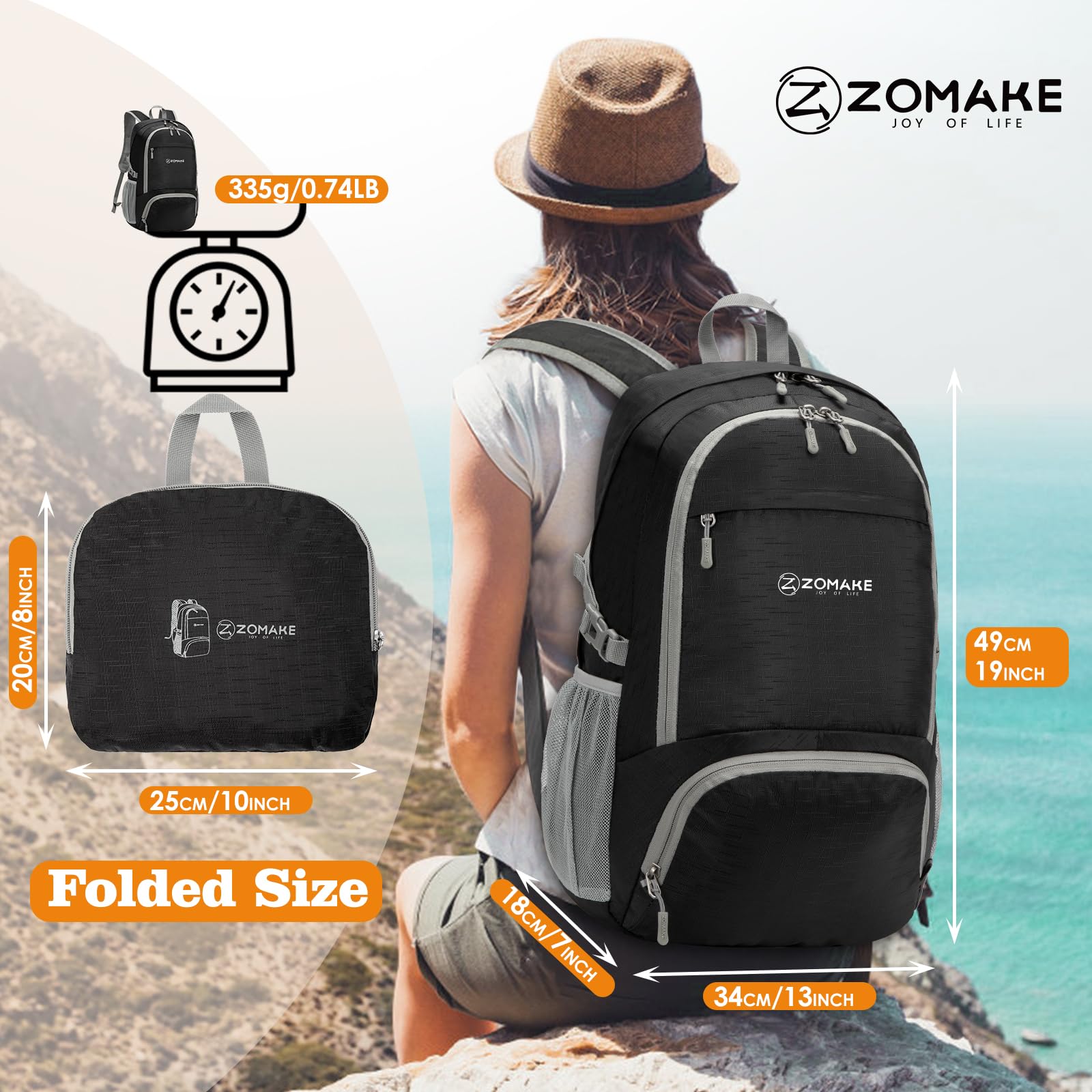 ZOMAKE Lightweight Packable Backpack 30L, Foldable Hiking Backpacks Water Resistant Compact Folding Daypack for Travel(Pure Blac