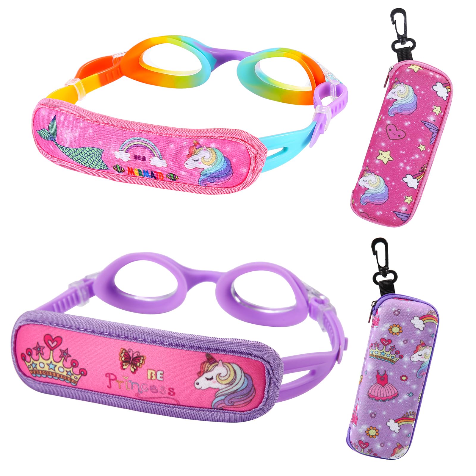 Ruigao Kids Swim Goggles Age 2-6, Toddler Goggles No Hair Pull,Child Goggles Padded Headband (2Pk Kids - Rainbow & Purple)