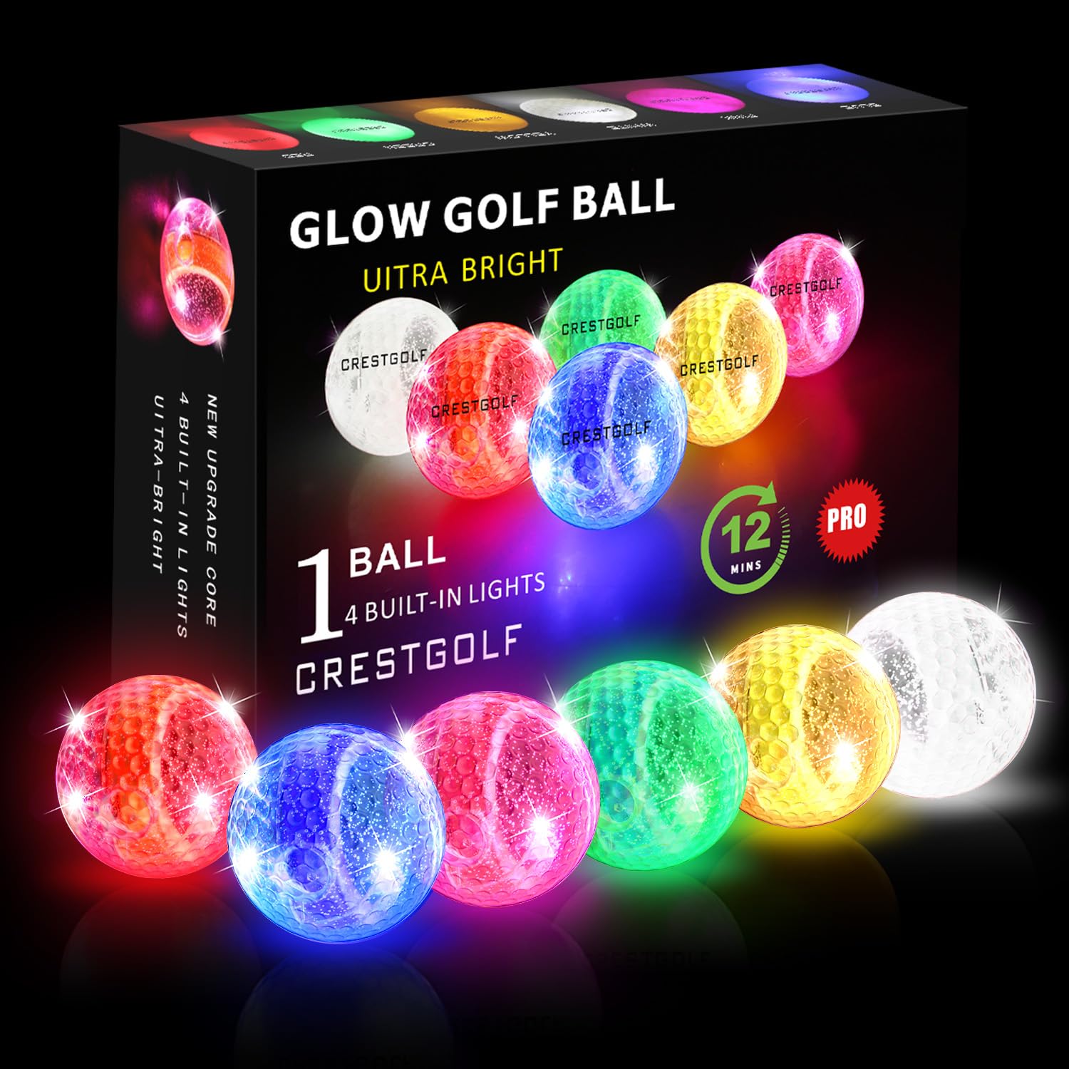 Crestgolf Glow In The Dark Golf Balls,Glow Golf Ball With 4 Light Sources Super Bright In Dark Light Up Led Golf Balls For Night