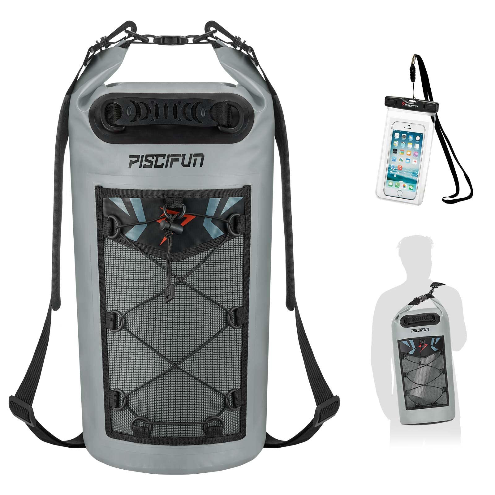 Piscifun Dry Bag, Waterproof Floating Backpack 40L with Waterproof Phone Case for Boating, Kayaking, Fishing, Grey 40L