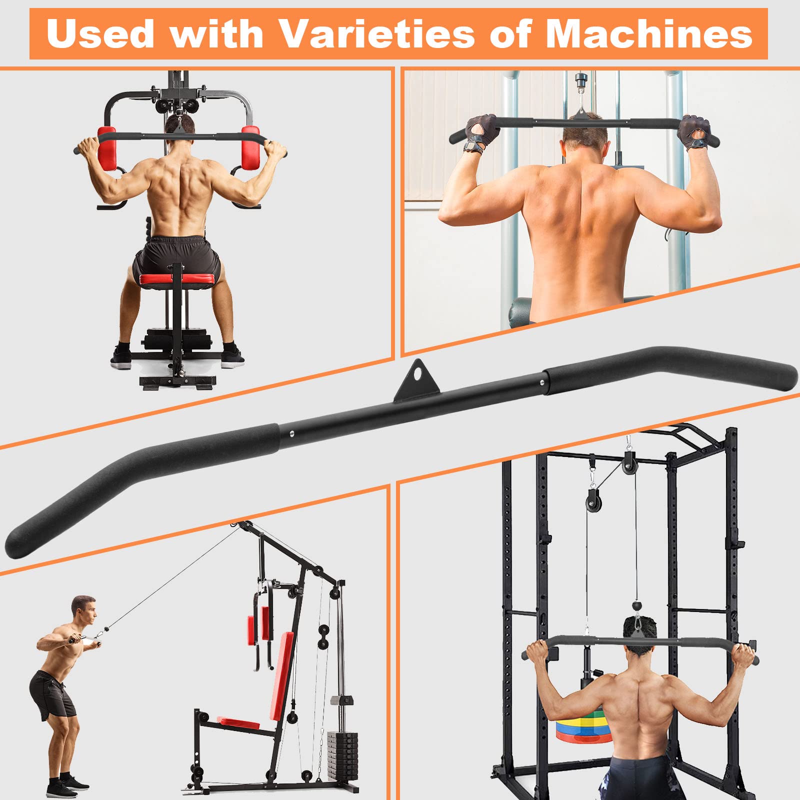 Sertt 39.37 Inch Lat Pulldown Bar Attachment For Pulley Cable Machine, Curl Tricep Press Down Bar With Rubber Handle, Lat Pull D