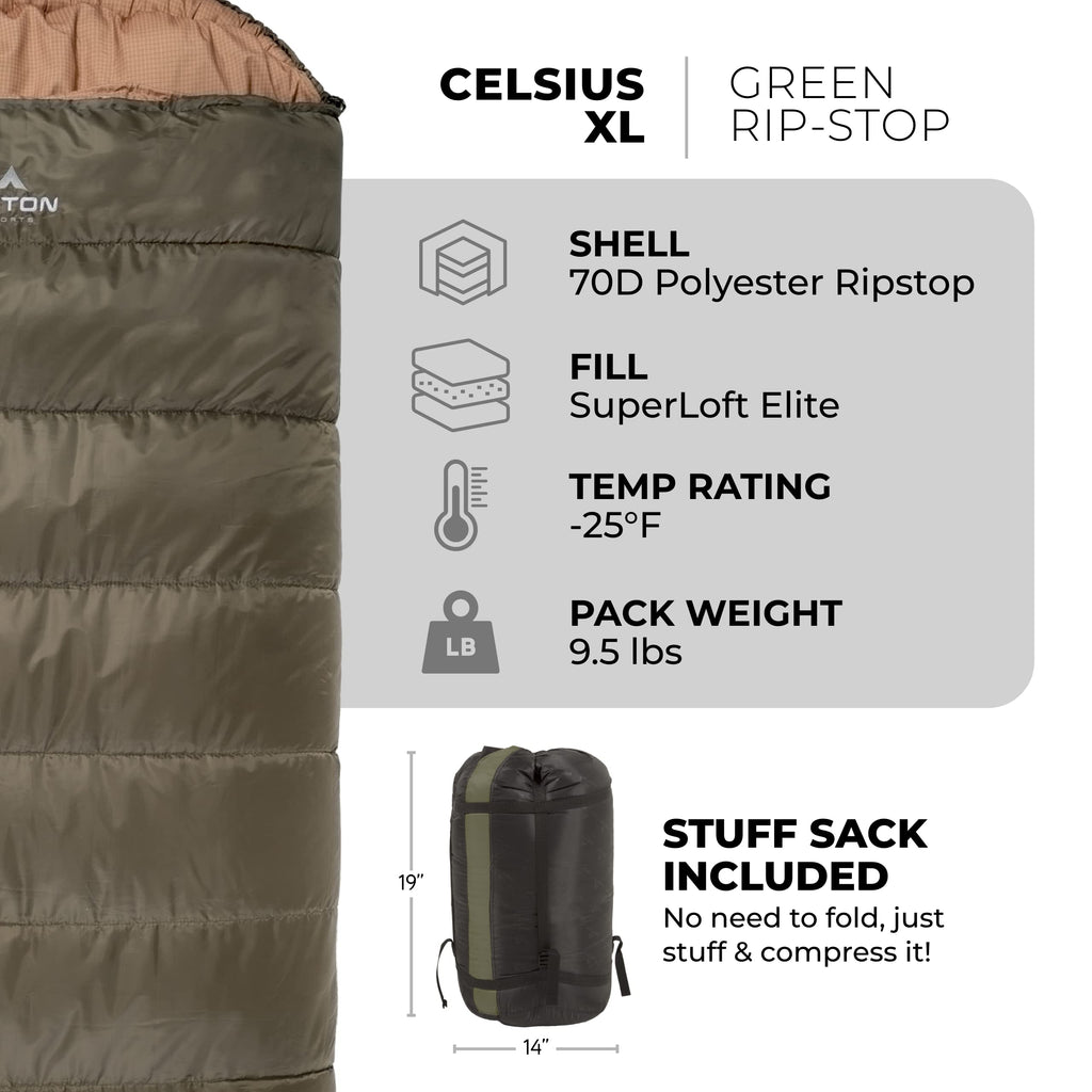 Teton Sports Celsius Xl-25F Sleeping Bag; Cold Weather Sleeping Bag; Great For Family Camping; Free Compression Sack