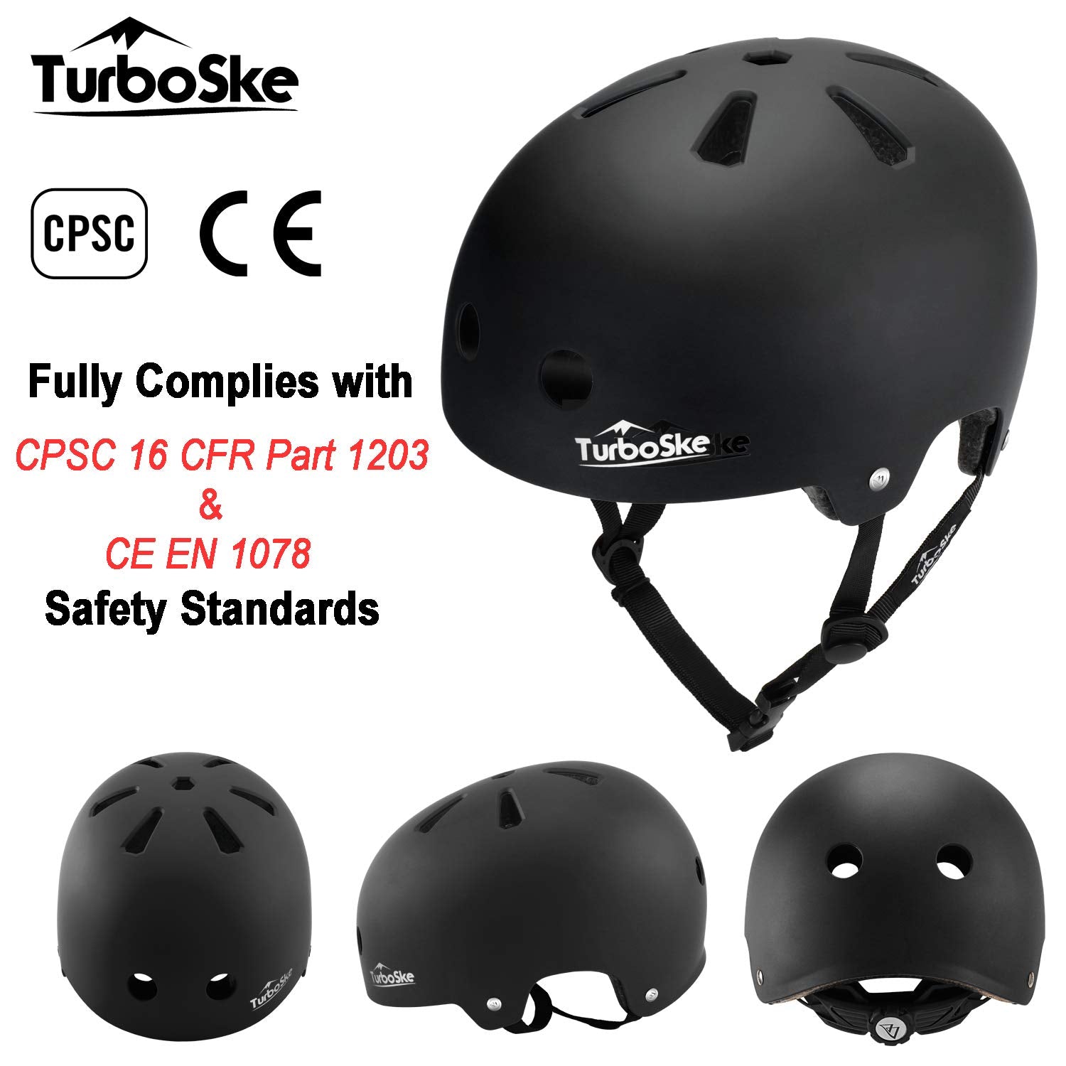 Turboske Skateboard Helmet, Bmx Helmet, Multi-Sport Helmet, Bike Helmet For Kids, Youth, Men, Women (Black, S/M (20.5''-22.8''))