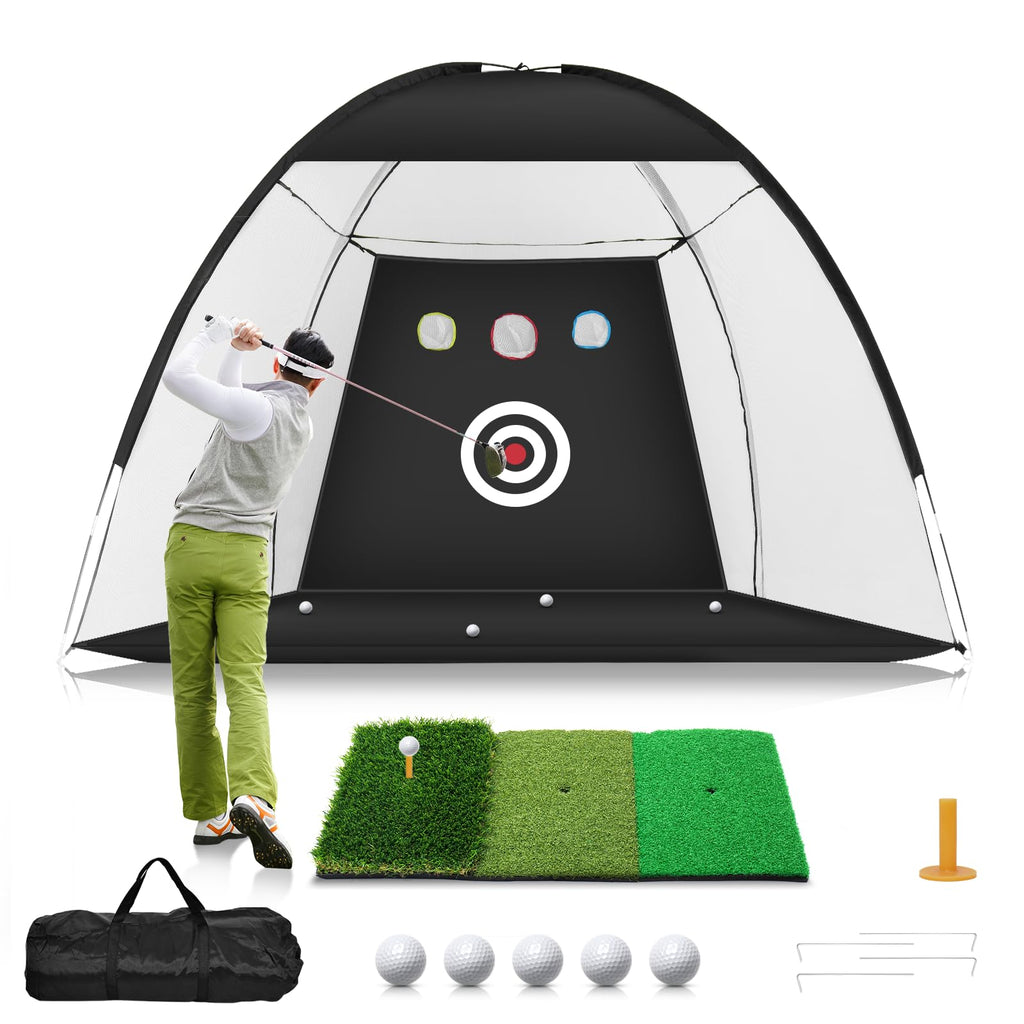 Golf Net, 10X7Ft Golf Practice Net With Tri-Turf Golf Mat, All In 1 Home Golf Hitting Aid Nets For Backyard Driving Chipping Swi