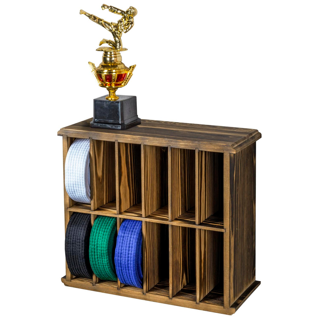 Mygift 12 Compartment Rustic Burnt Solid Wood Wall Mounted Dual Display Martial Arts Belt Holder With Top Trophy Storage Shelf I