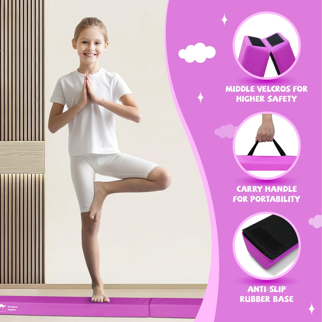 Kangaroo Hoppers 8Ft Gymnastics Balance Beam For Kids - Folding Extra Firm Foam Floor Beam -Beginners And Professionals Home Tra