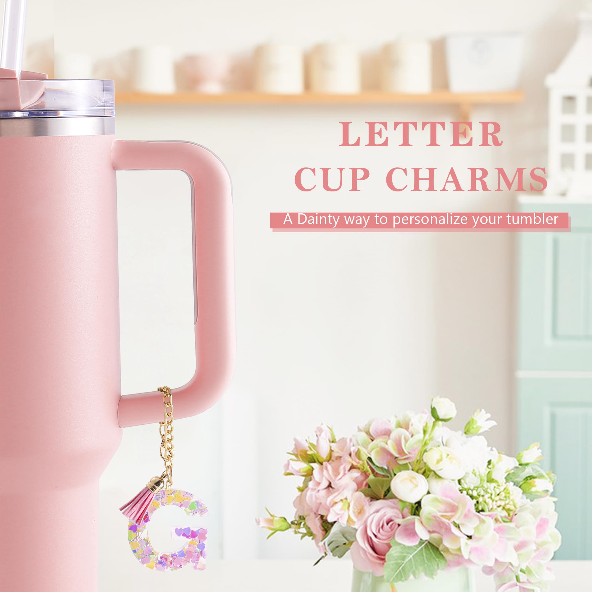 Letter Charm Accessories for Stanley Cup 1 PCS Cute Initial Keychain Handle Charm for Stanley Tumbler for Women Pink Letter G