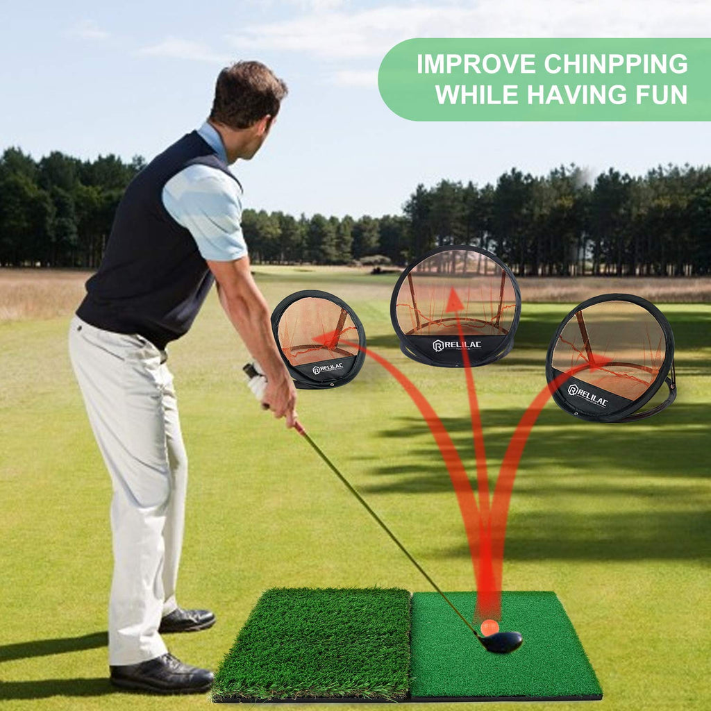 Relilac 3 Piece Golf Chipping Net With Dual Turf Hitting Mat And 12 Foam Training Balls - Indoor/Outdoor Golfing Target Accessor