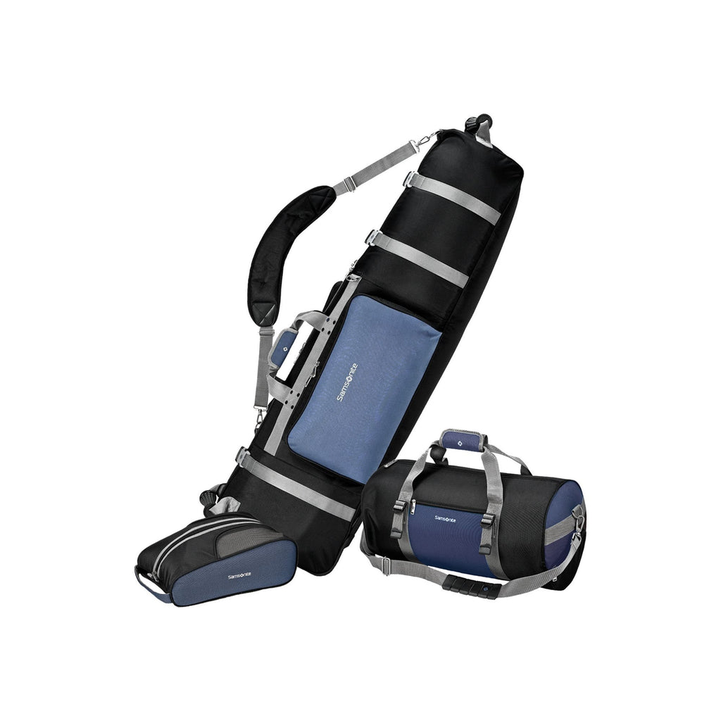 Samsonite Golf Deluxe 3 Piece Golf Travel Set With Wheeling Travel Cover Golf Bag, Duffel Bag, & Shoe Bag, Black & Blue