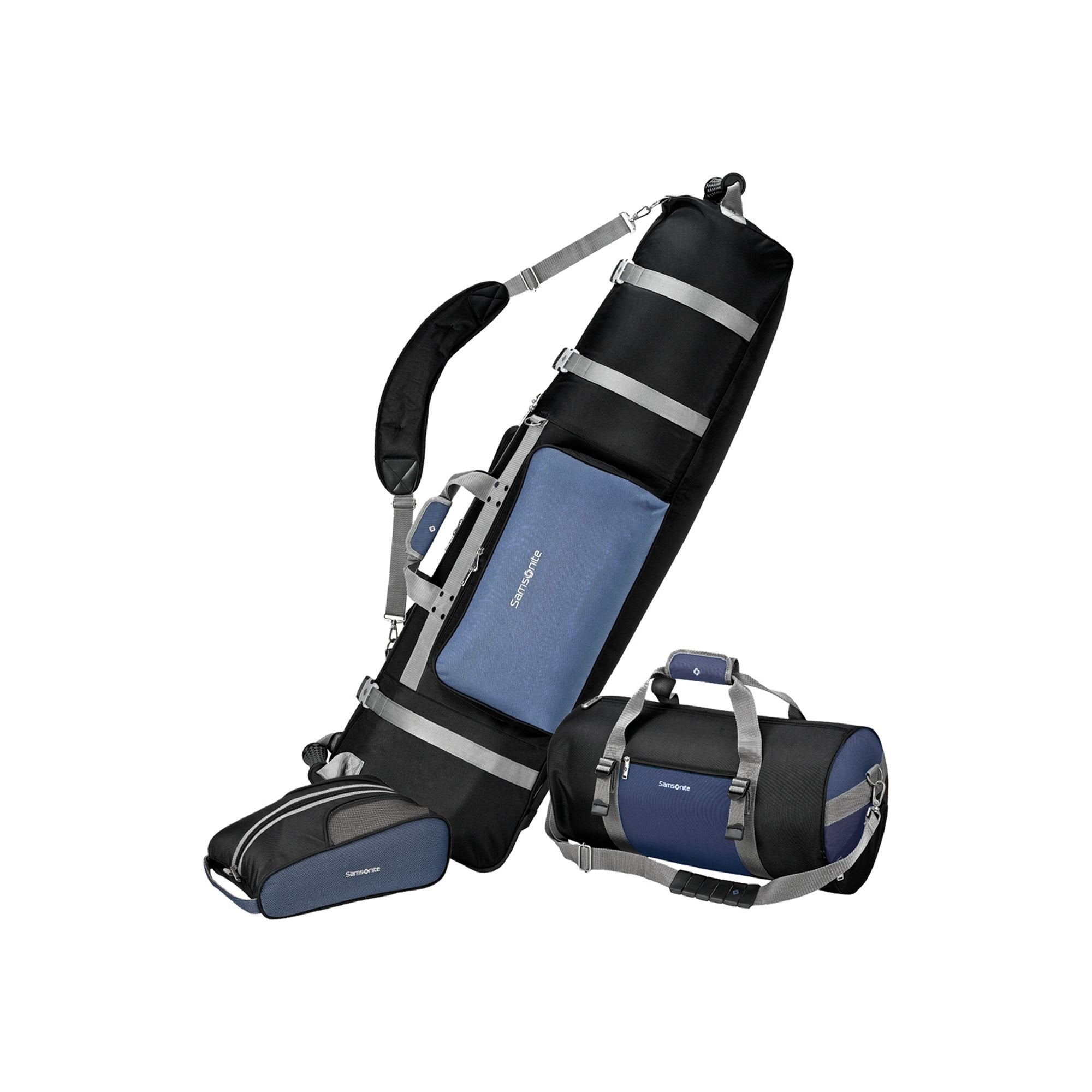Samsonite Golf Deluxe 3 Piece Golf Travel Set With Wheeling Travel Cover Golf Bag, Duffel Bag, & Shoe Bag, Black & Blue