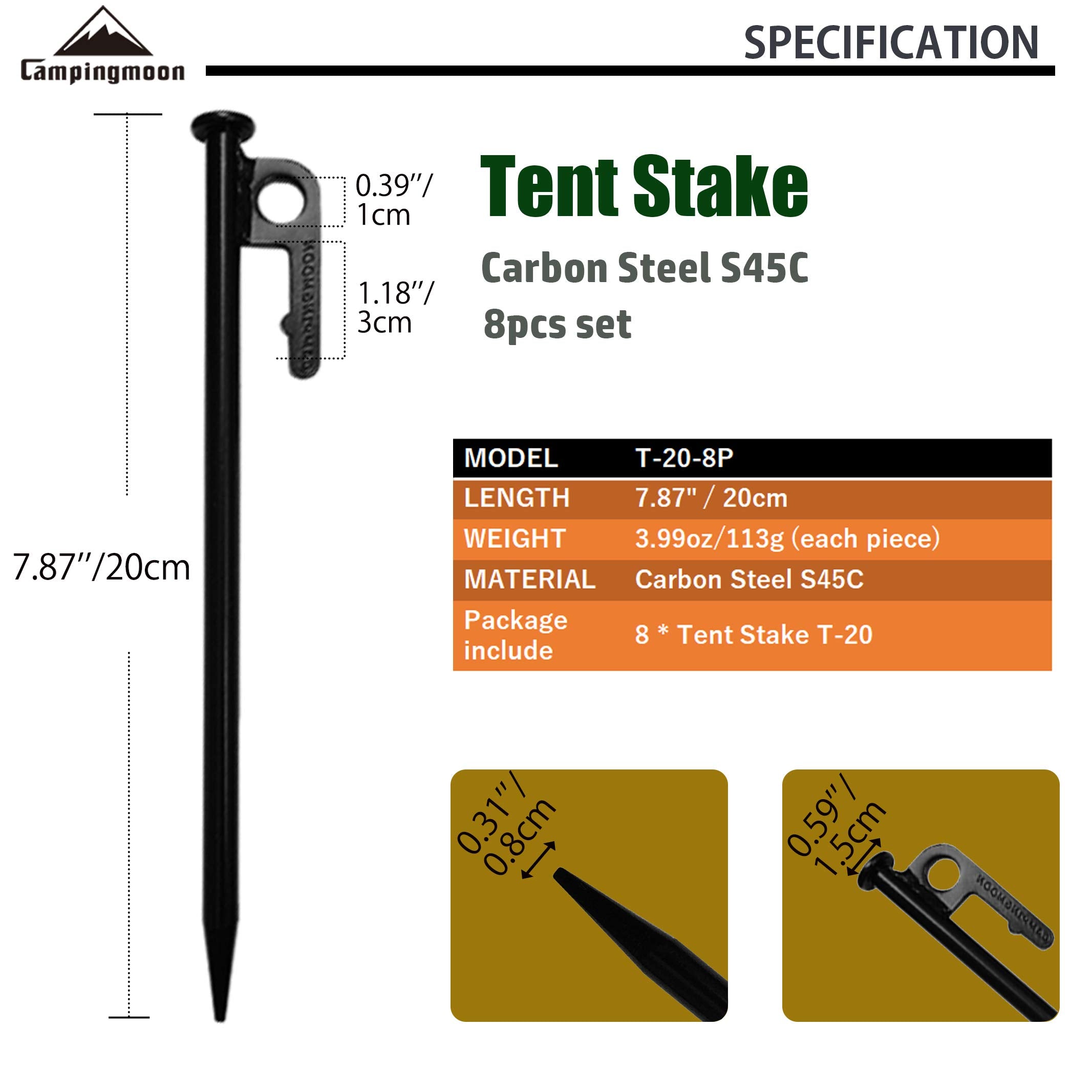 Campingmoon 8Pcs Carbon Steel S45C Black Coating Tent Stake For Hard Ground (? 7.87-Inch 8Pcs Set?)