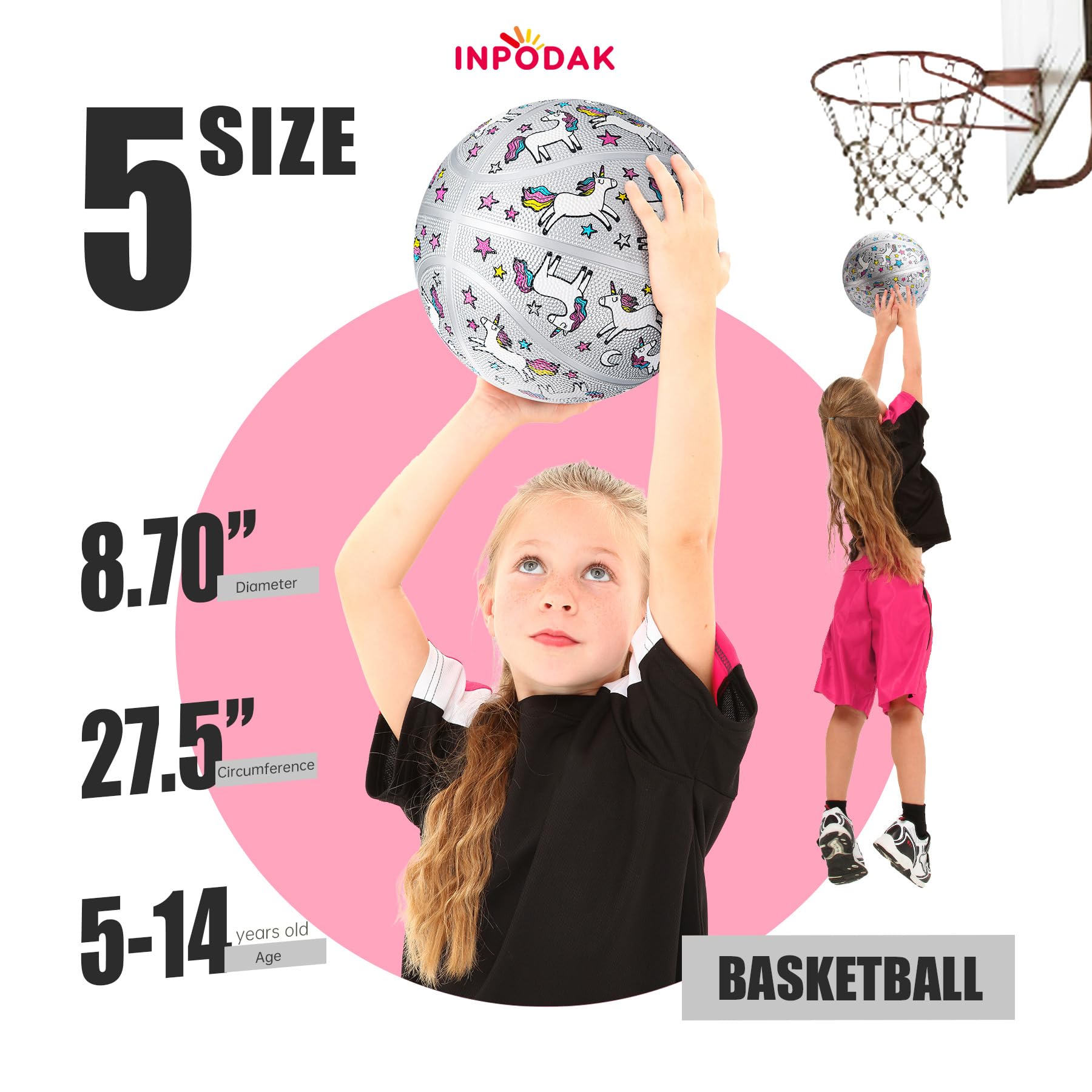 Inpodak Basketball 27.5 Inches Size 5 Unicorn Street Junior Basketball Classic Sport Ball Game Indoor Outdoor For Girl Kids Teen