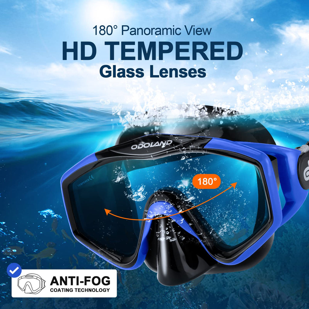 Odoland Kids Snorkeling Packages Snorkel Set, Anti-Fog And Anti-Leak Dry Top Snorkel Mask With Adjustable Swim Fins For Boys And