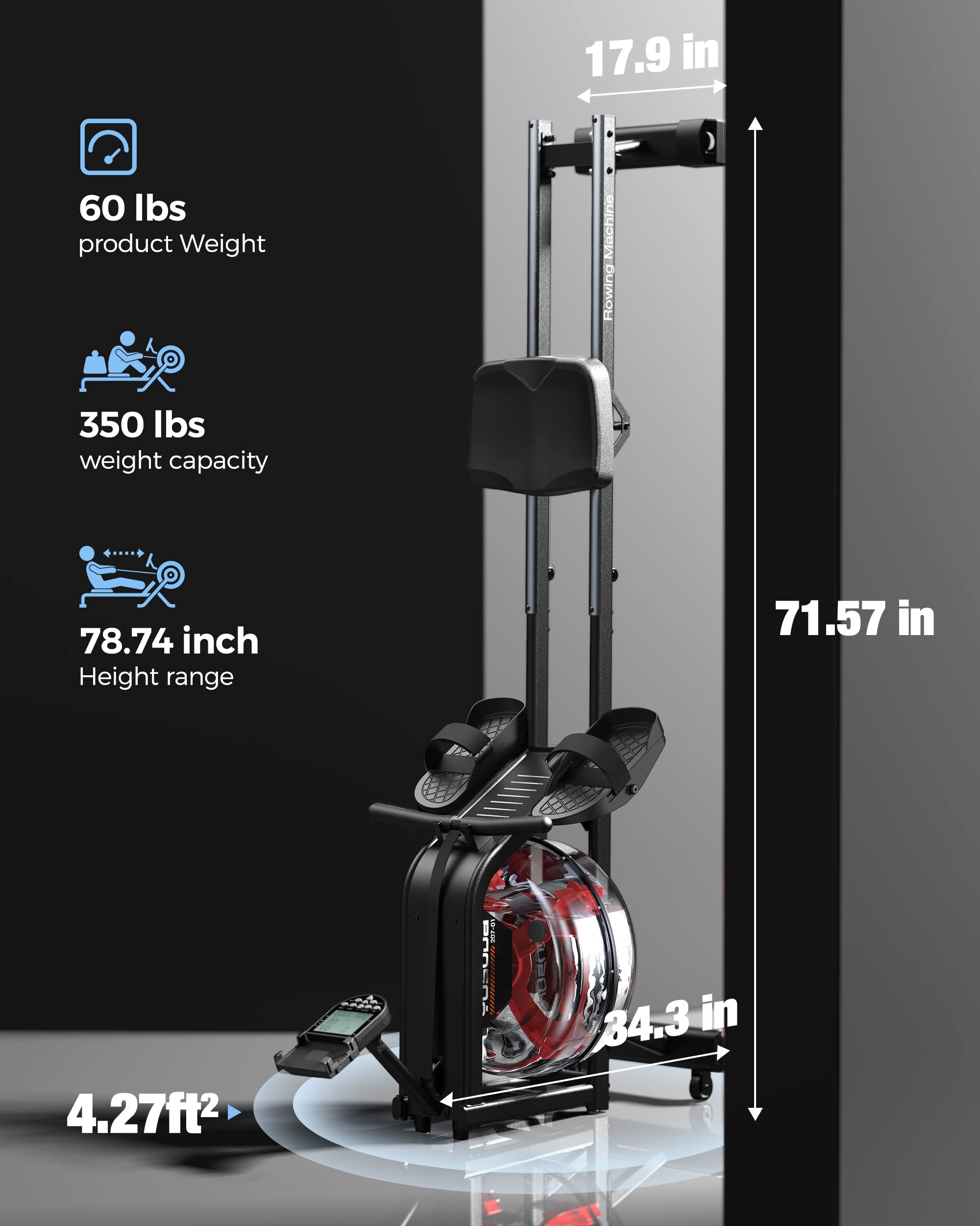 Yosuda Water Rowing Machines With Bluetooth-Water Rowers 350Lbs Weight Capacity For Home Use With Smooth Aluminum Dual Slide Rai
