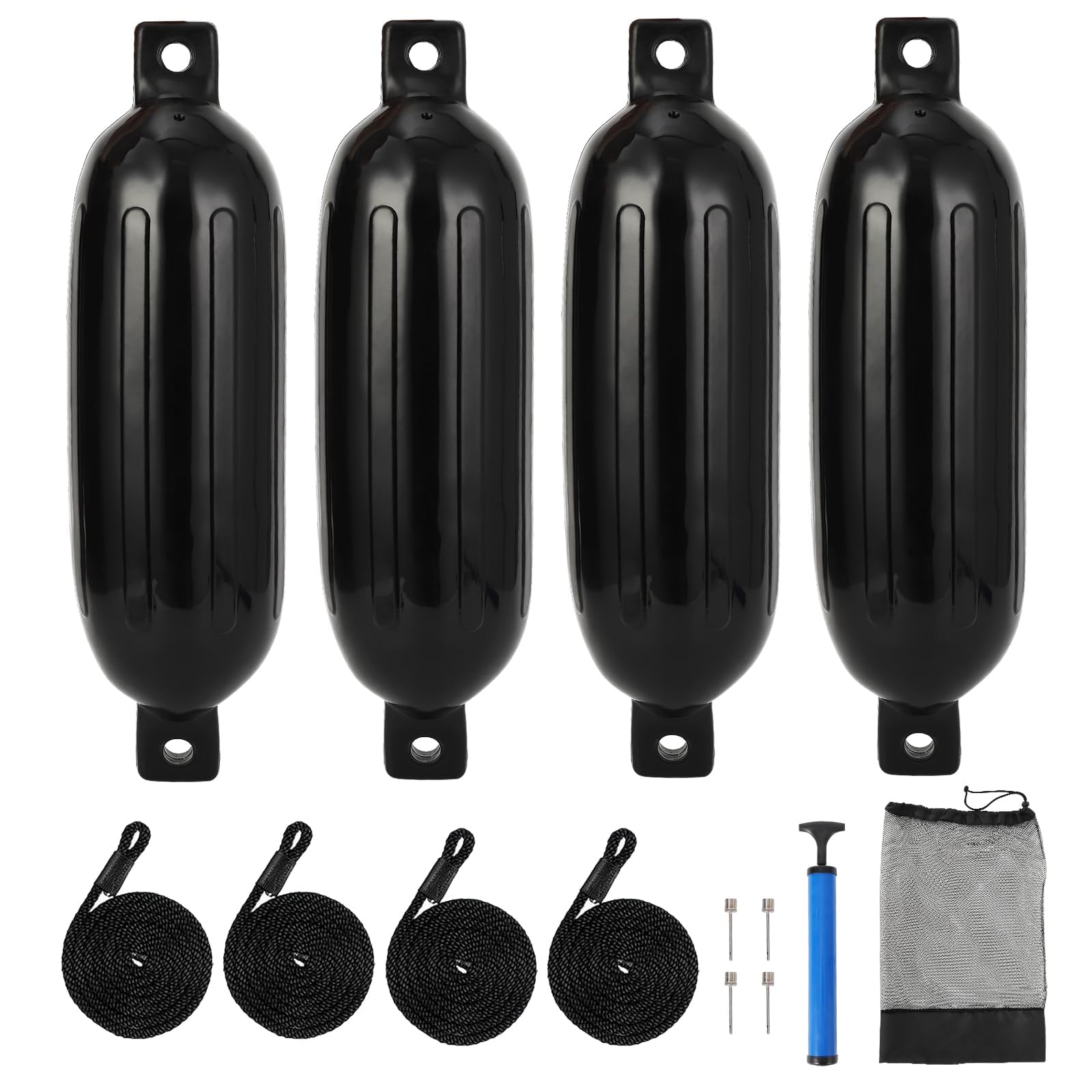 Garvee Dock Bumpers, 4.5/5.5/6.5/8.5 Boat Fenders for Docking, 4 Pack Ribbed Fender with Center Holes, Boat Fender Kit with Rope