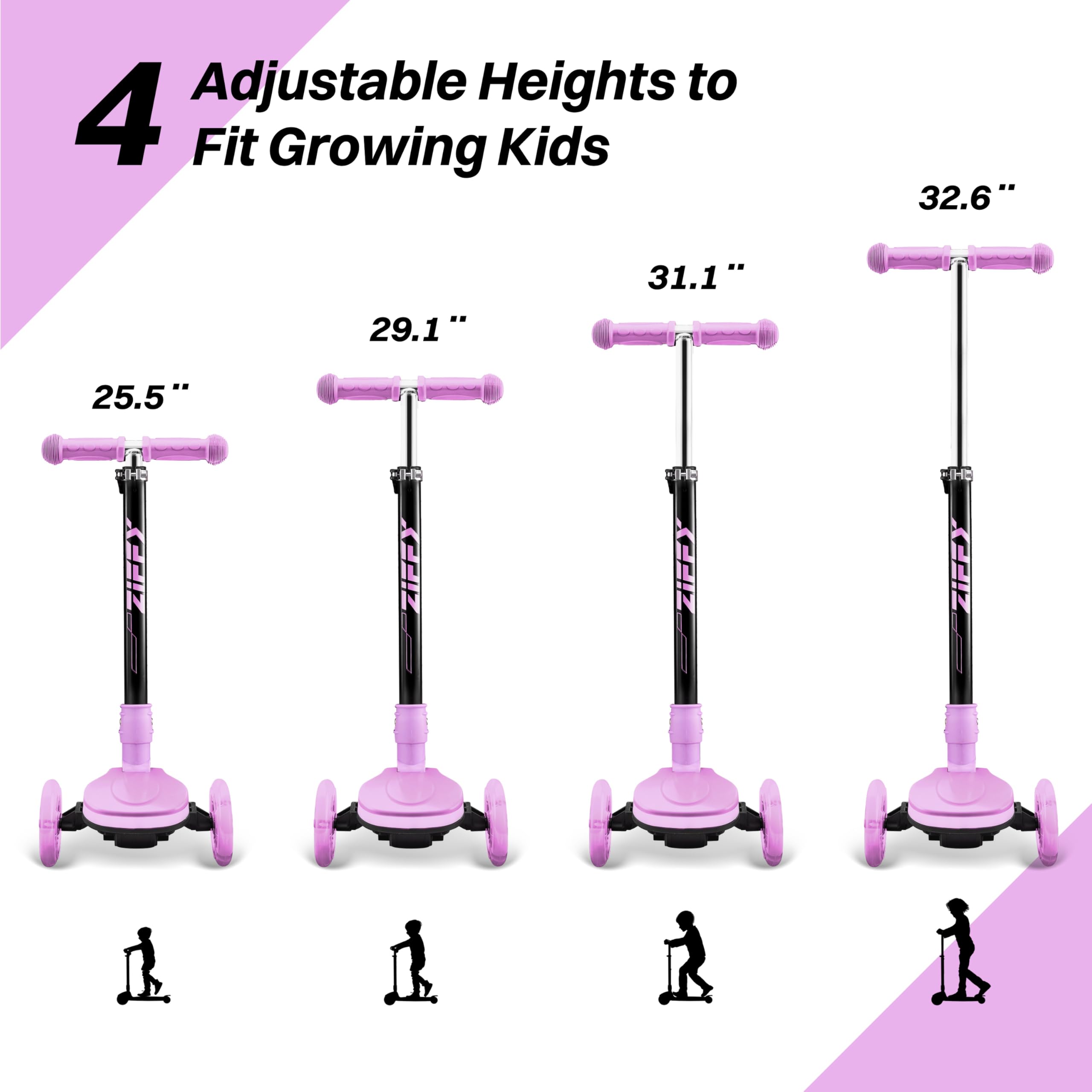 ZIFFY Kids Scooter for Boys & Girls - Features LED Light-Up Wheels, 4 Adjustable Height Handlebars, and Lean-to-Steer Design wit