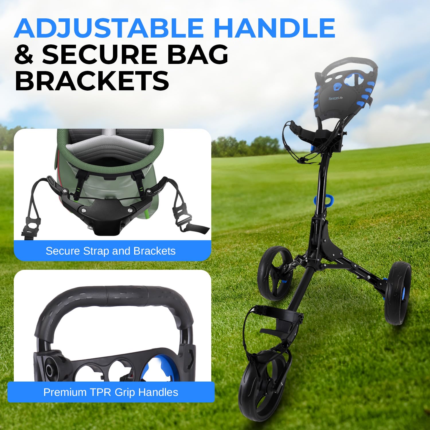 SereneLife Golf Push Cart 3 Wheel, Ultra Lightweight Aluminum Foldable Cart with Adjustable Handle, Quick-Fold, New-Version Scor