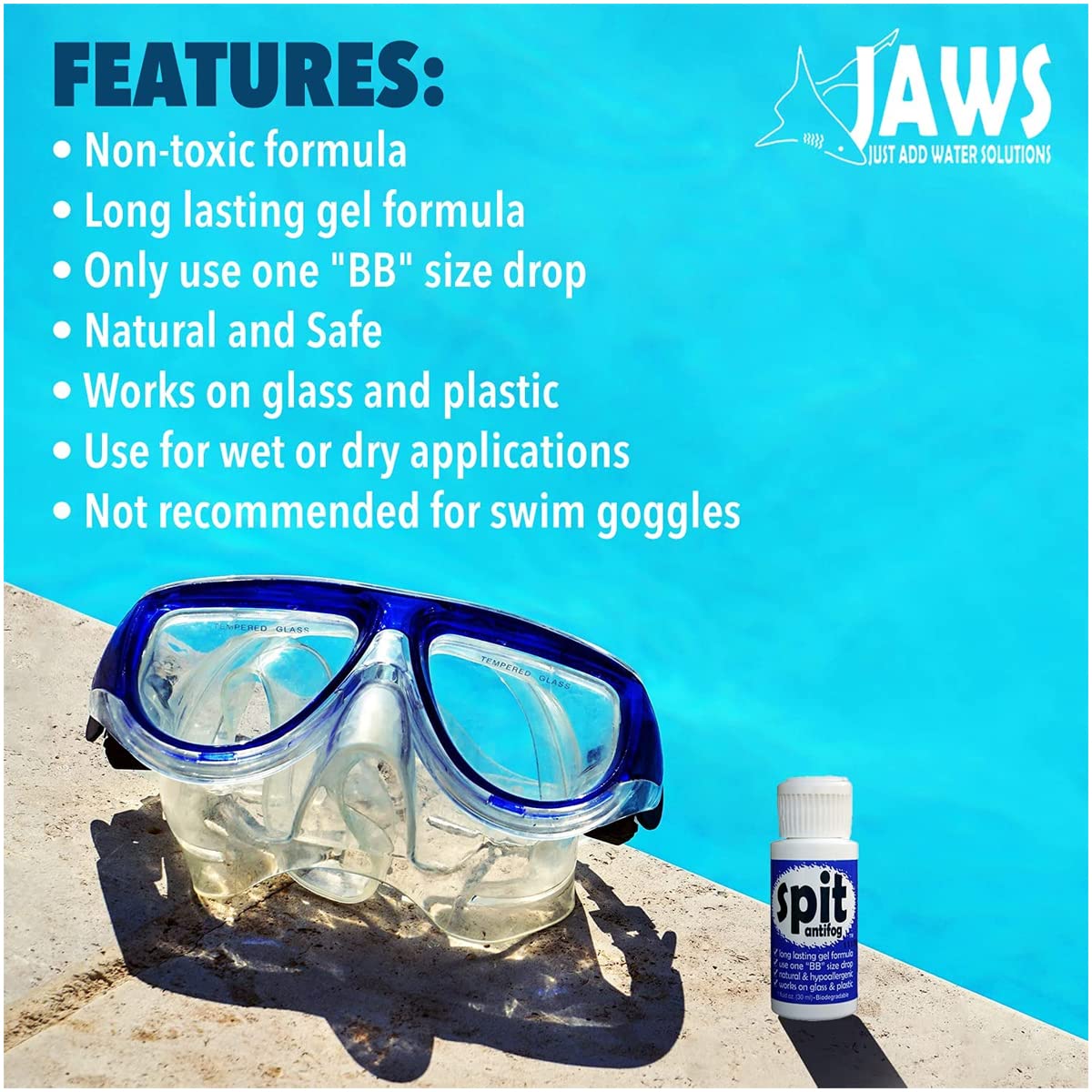 Jaws Spit Anti-Fog Gel Solution Defogger For Snorkel Mask, Scuba Divers, Paintball, Eye Wear, Sport Goggles, Made In The Usa