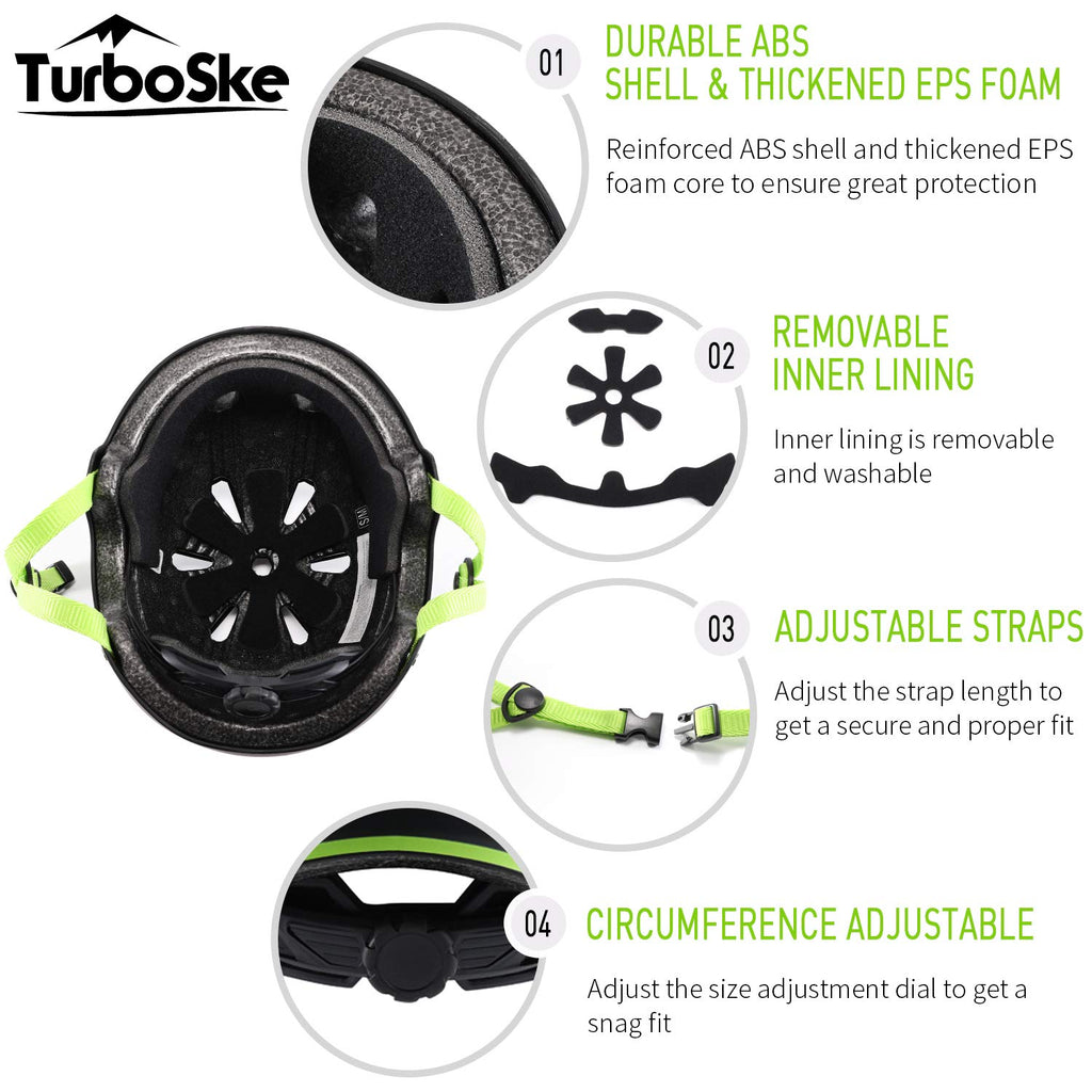 Turboske Skateboard Helmet, Bmx Helmet, Multi-Sport Helmet, Bike Helmet For Kids, Youth, Men, Women (Black&Green, S/M (20.5''-22