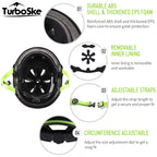Turboske Skateboard Helmet, Bmx Helmet, Multi-Sport Helmet, Bike Helmet For Kids, Youth, Men, Women (Black&Green, S/M (20.5''-22