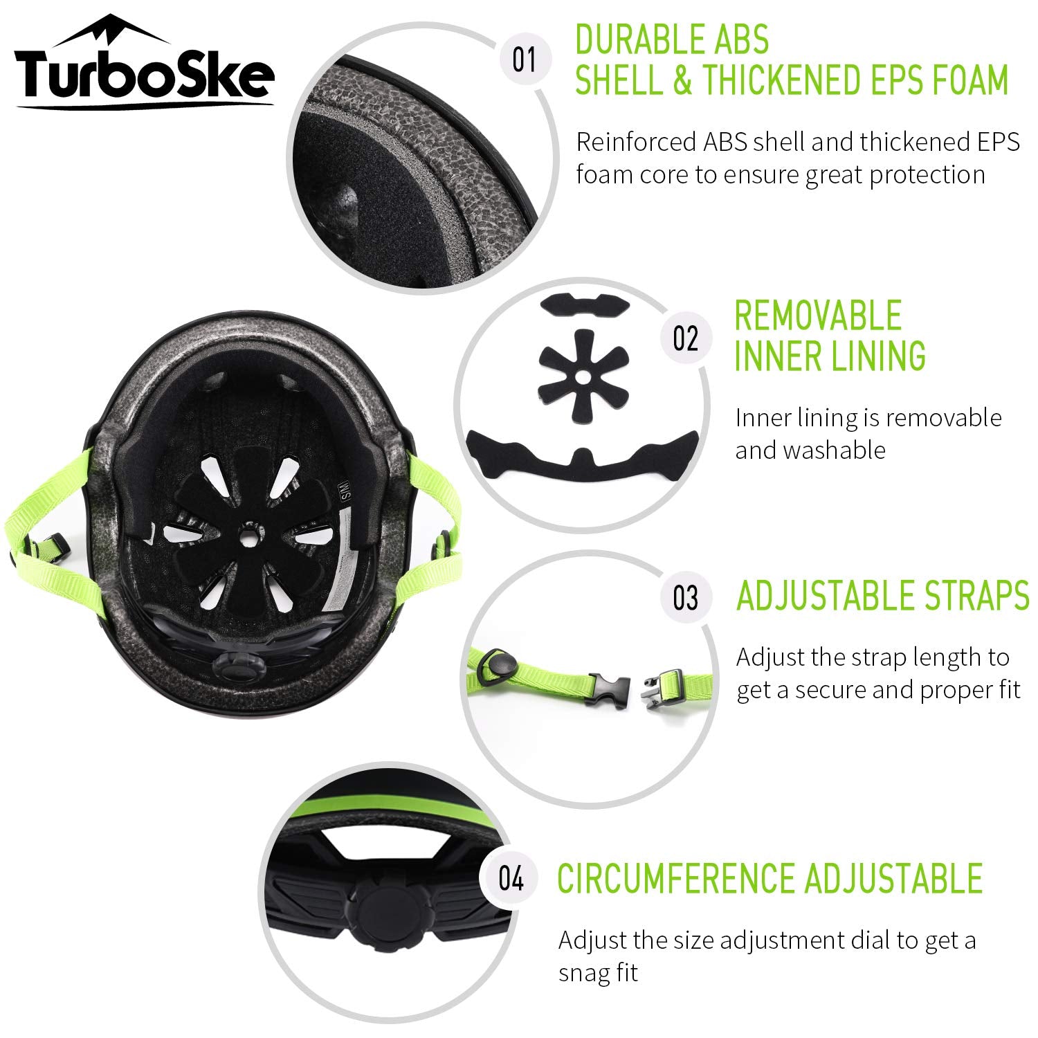 Turboske Skateboard Helmet, Bmx Helmet, Multi-Sport Helmet, Bike Helmet For Kids, Youth, Men, Women (Black&Green, S/M (20.5''-22