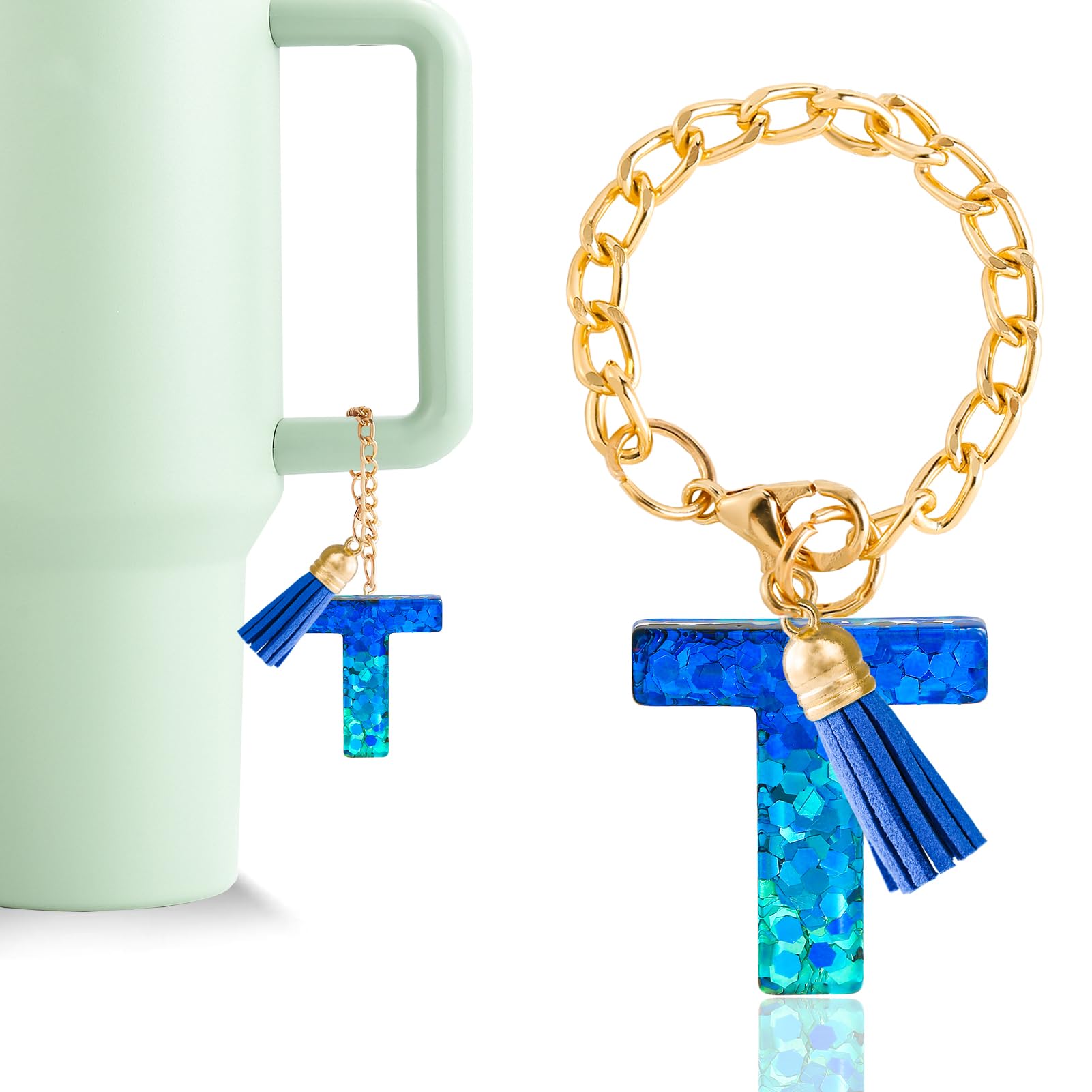 Letter Charm Accessories for Stanley Cup 1 PCS Cute Initial Keychain Handle Charm for Stanley Tumbler for Women Blue Letter T