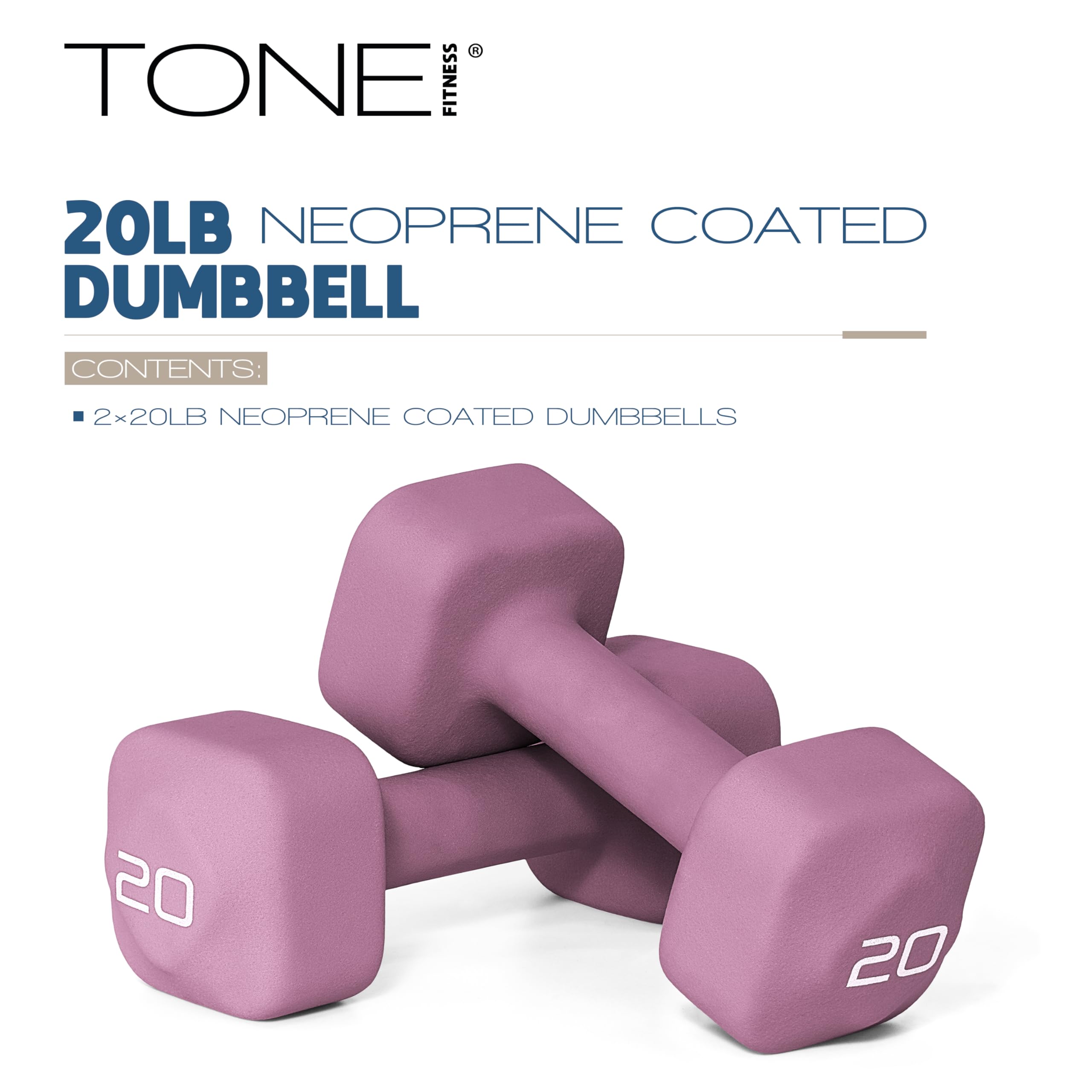 Tone Fitness 20 lb Neoprene Dumbbell Pair for Home Workouts - Non-Slip Design - Purple
