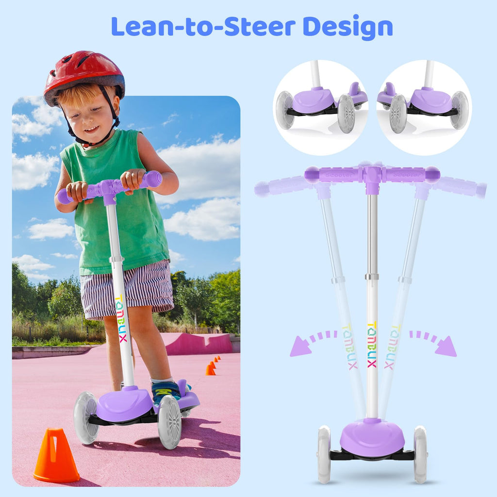 TONBUX Kids Scooter for Ages 3-8, Toddler Scooter with Light-Up Deck and Wheels, Adjustable 4-Level Height 3-Wheel Scooters for