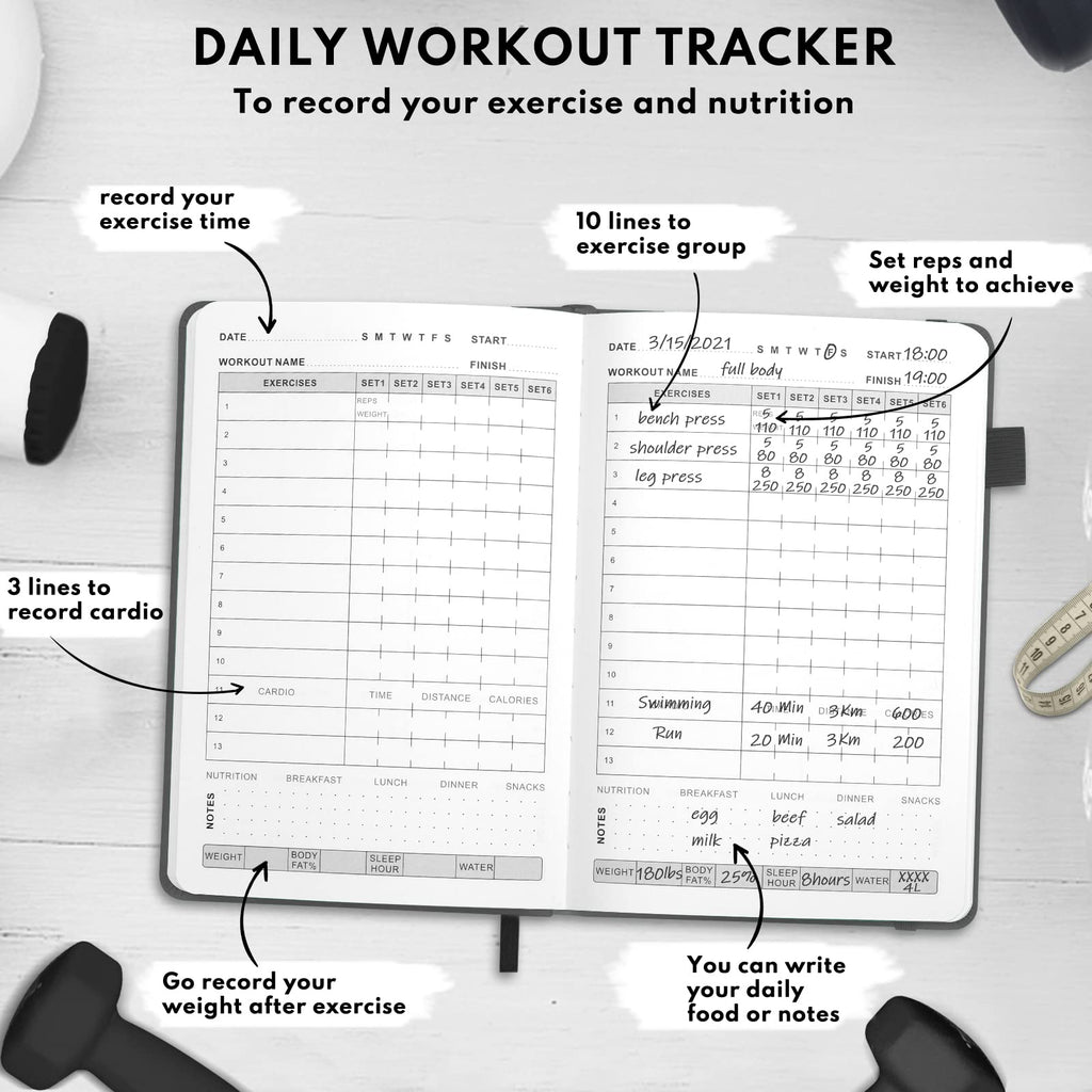 Epewizd Fitness Journal Hardcover Workout Planner 6- Month Undated Workout Log Book Home Gym Accessories For Women And Man-Gray