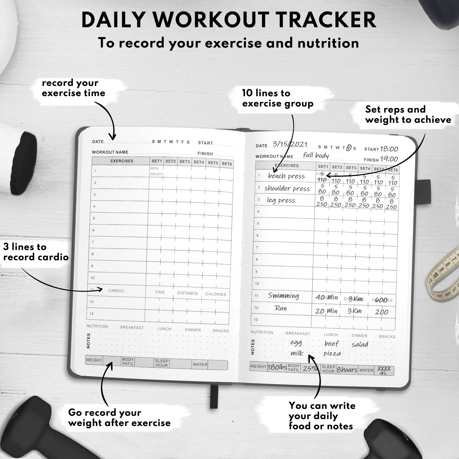 Epewizd Fitness Journal Hardcover Workout Planner 6- Month Undated Workout Log Book Home Gym Accessories For Women And Man-Gray