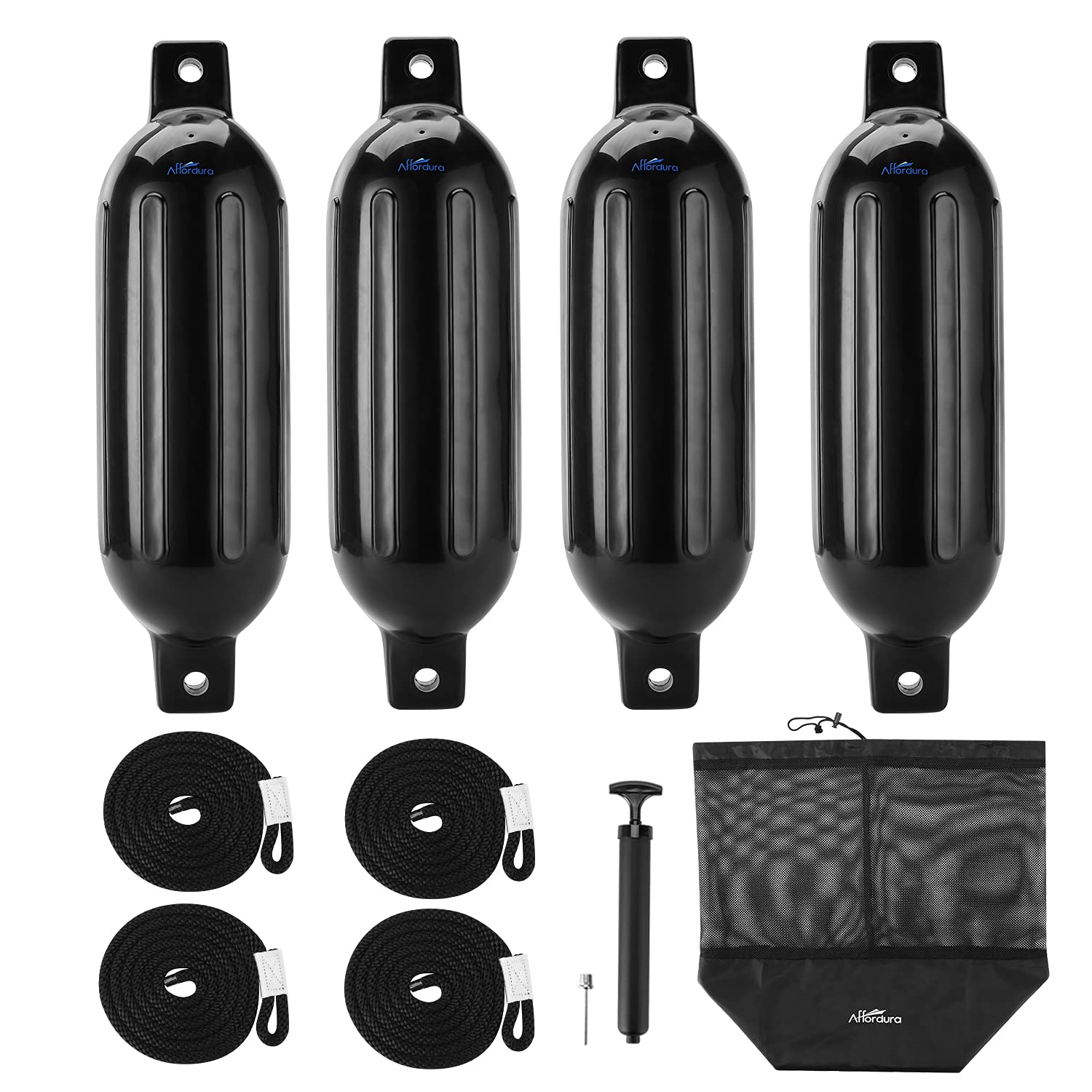 Affordura Boat Fender 4 Pack Boat Bumpers Fenders With 4 Ropes, Boat Bumpers For Pontoon Boat Fenders Inflatable (Black, 6.5 Inc
