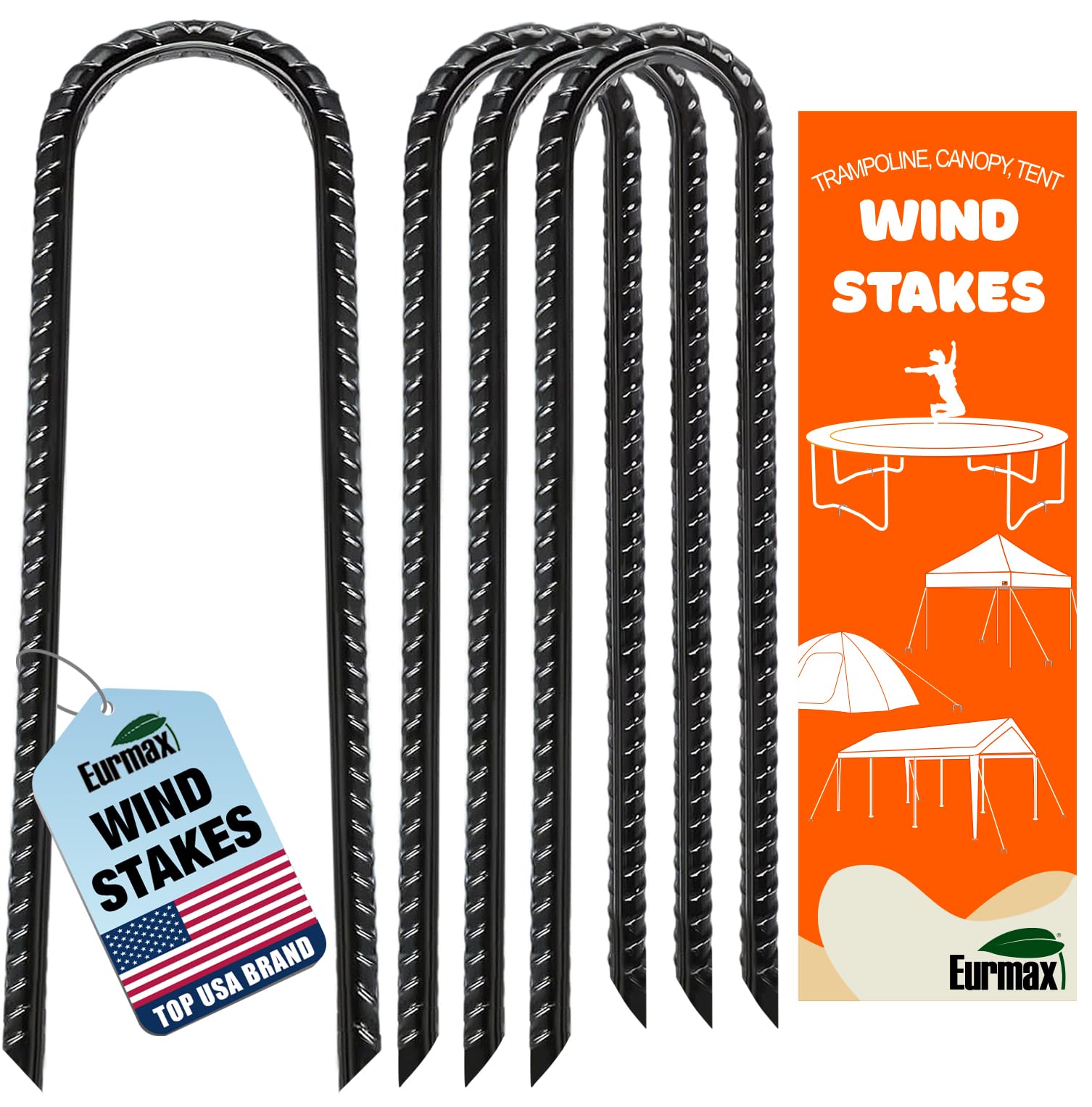 Eurmax Usa U-Shaped-Rebar-Stakes-12-Inch, Ground Stakes Heavy Duty Trampoline Stakes Rebar Galvanized For Camping Tent Trampolin