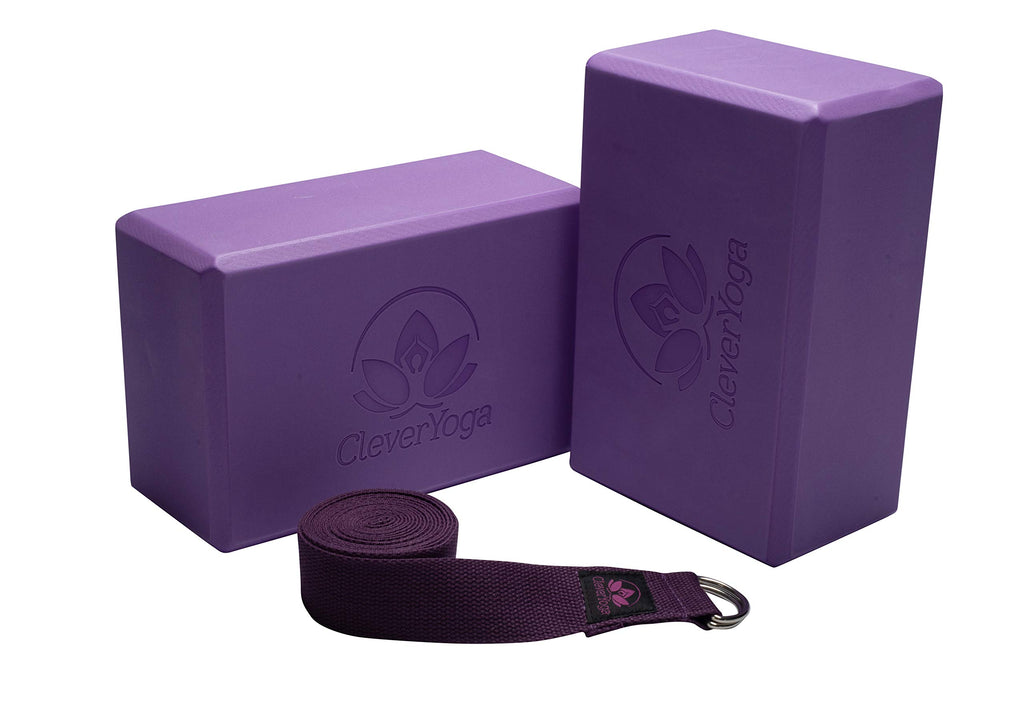 Clever Yoga Blocks 2 Pack With Strap - Extra Light Weight Sweat Repelling Foam Yoga Block Set With Cotton 8Ft Yoga Stretch Strap