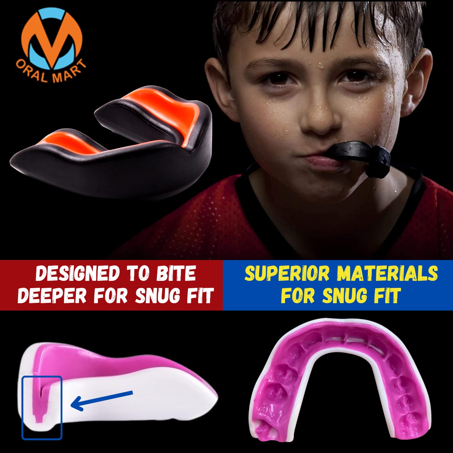 Oral Mart Black/Orange Youth Mouthguard For Kids - Youth Mouthguard For Karate, Flag Football, Martial Arts, Taekwondo, Boxing,