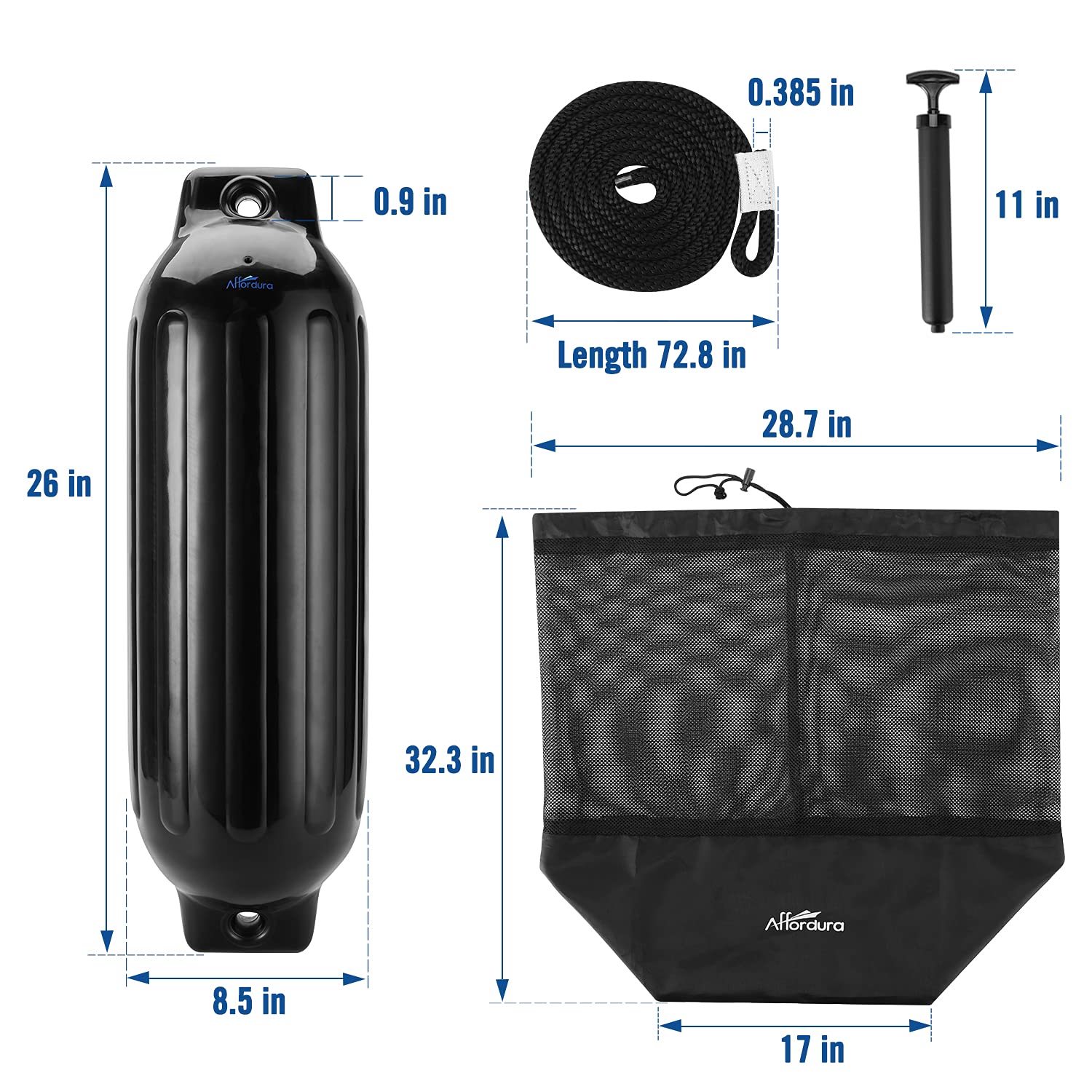 Affordura Boat Fender 4 Pack Boat Bumpers Fenders With 4 Ropes, Boat Bumpers For Pontoon Boat Fenders Inflatable (Black, 85 Inch