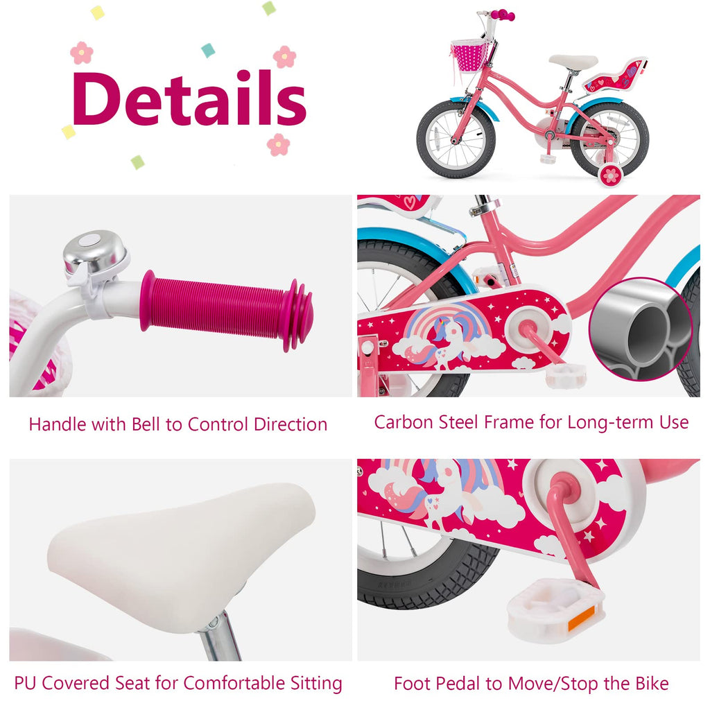 Gymax Kids Bike, 14 18 Inch Kids Bicycle With Training Wheels,Front Handbrake, Basket, Ring Bell & Doll Chair, Toddler Bike For