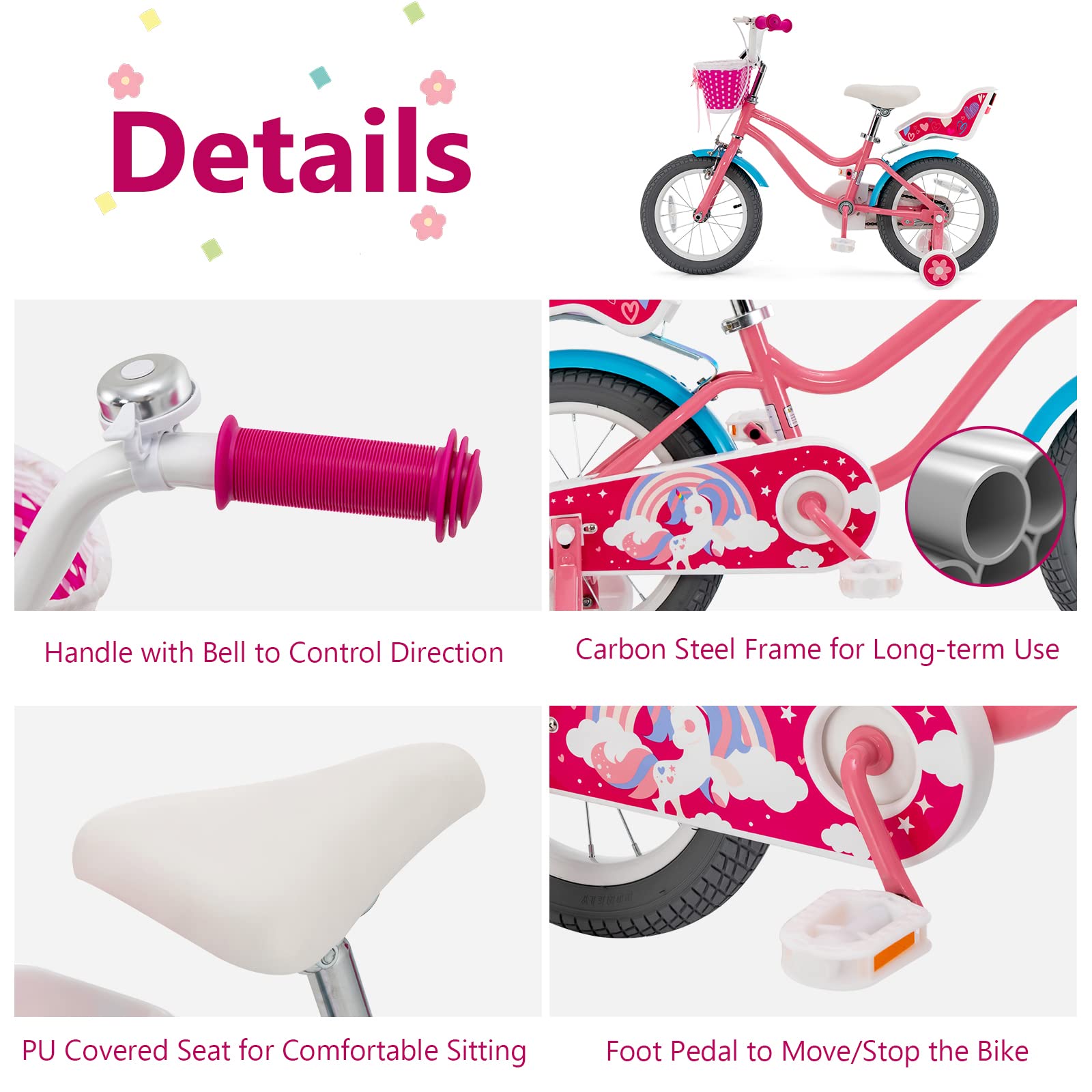 Gymax Kids Bike, 14 18 Inch Kids Bicycle With Training Wheels,Front Handbrake, Basket, Ring Bell & Doll Chair, Toddler Bike For
