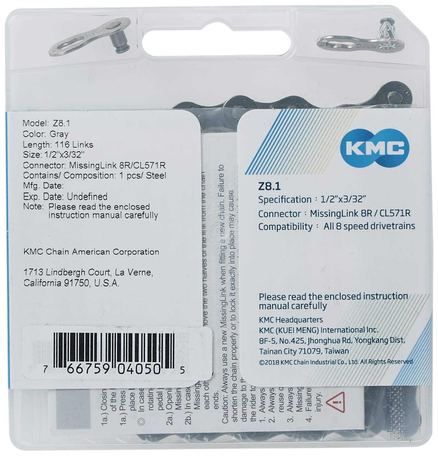 Kmc Z8.1 8 Speed Inner Chamfering 7.1Mm Pin Length Bicycle Chain (1/2'' X 3/32'') Gray 1 Pcs /Steel 116 Links