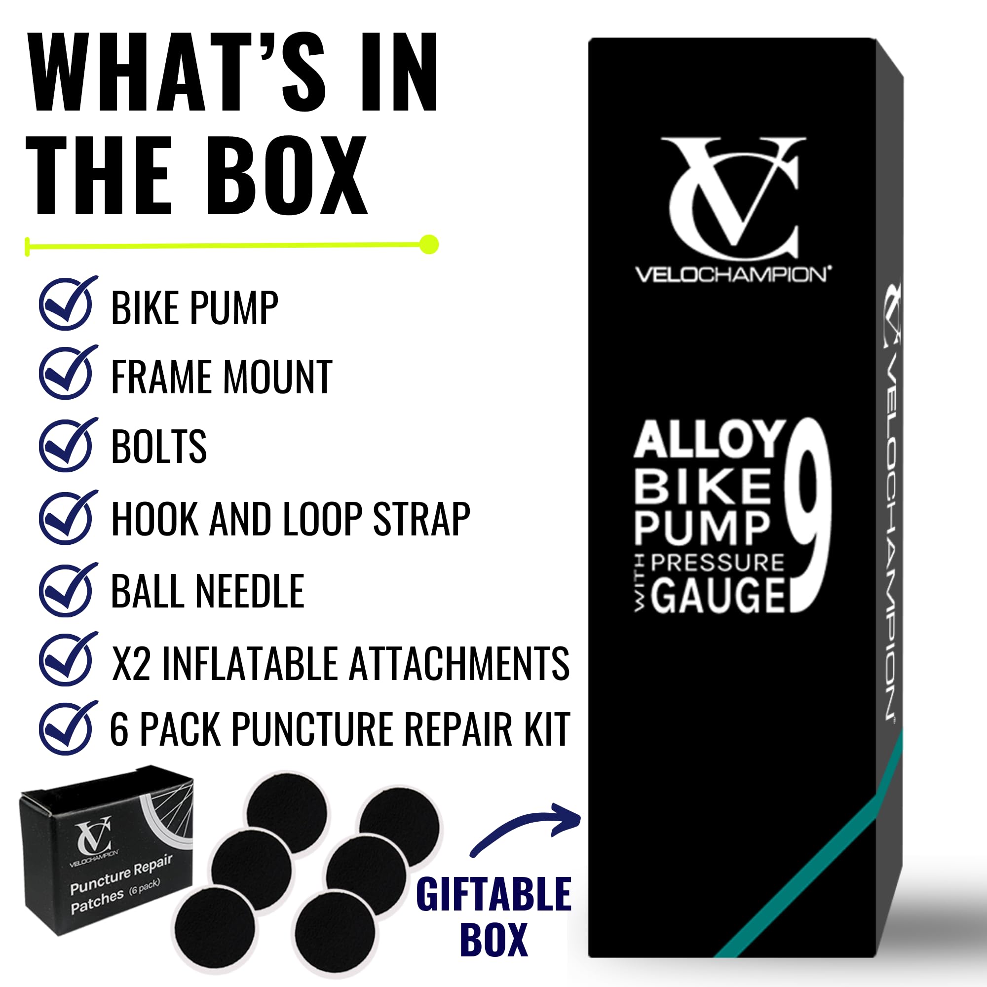Velochampion Alloy 9 Mini Bicycle Pump With Gauge 120 Psi - Portable Bike Pump Includes Mount Kit, 6 Glueless Patches And Inflat
