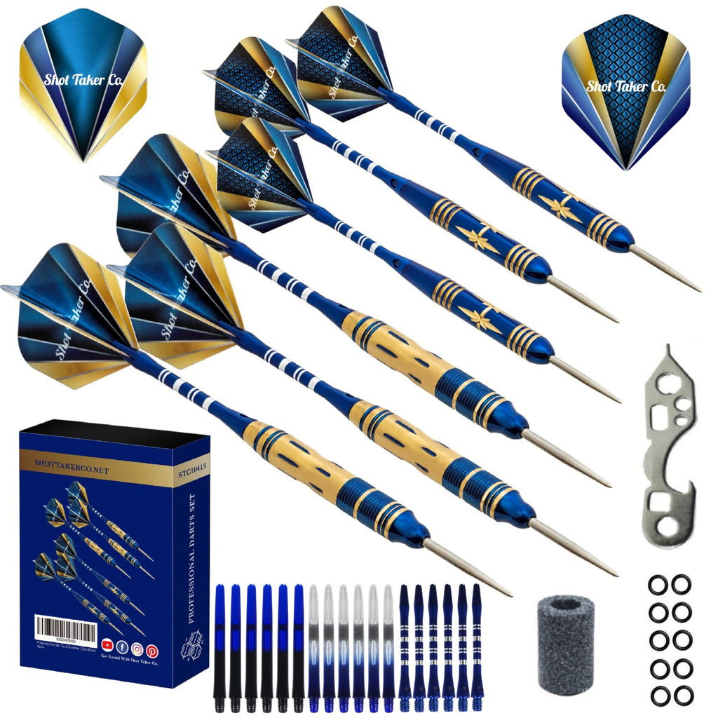 Shot Taker Co. Est. 2017 6Pc Steel Tip Darts Set - Professional Darts For Dartboard - Includes Barrels + Plastic/Aluminum Shafts