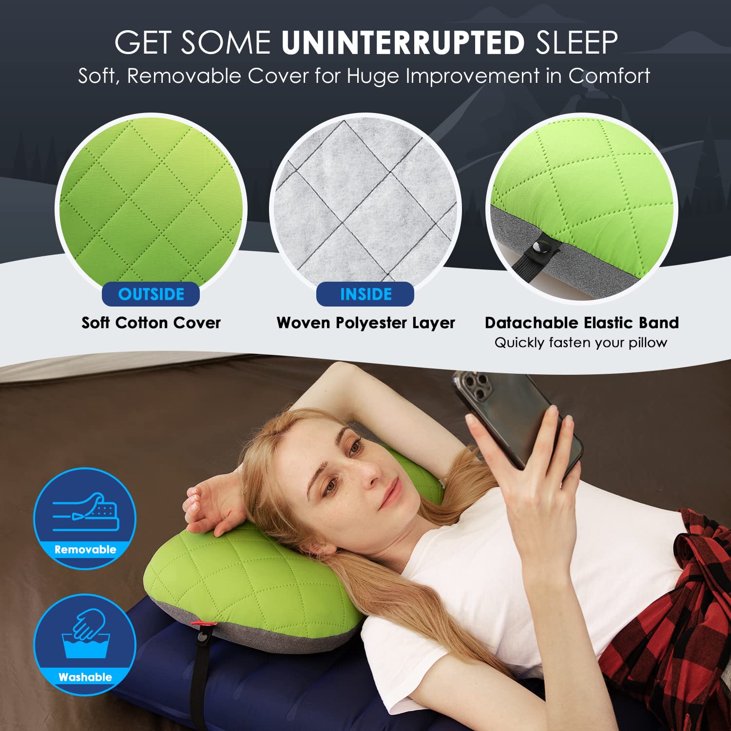 Hikenture Camping Pillow With Removable Cover - Ultralight Inflatable Pillow For Neck Lumber Support - Upgrade Backpacking Pillo
