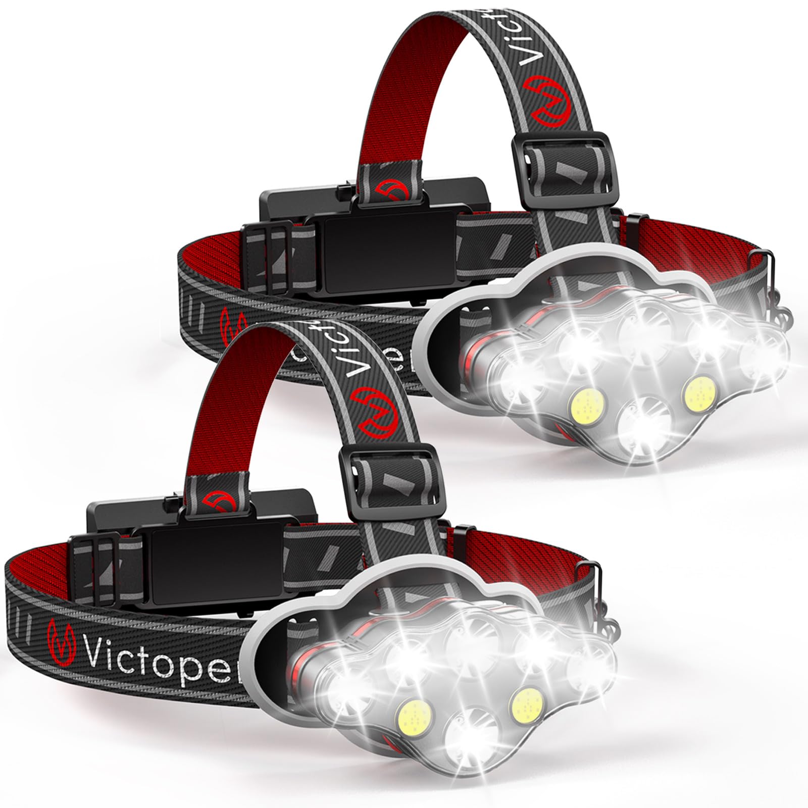 Victoper Rechargeable Headlamp 2 Pack, 8 LED 18000 High Lumen Bright Head Lamp with Red Light, Lightweight USB Head Light, 8 Mod