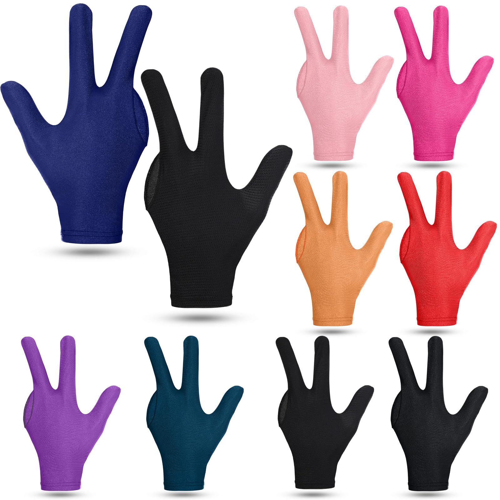 Shyyween 10 Pieces Three Fingers Billiard Gloves Universal Breathable Elastic Cue Sports Pool Gloves for Women or Men Left and R
