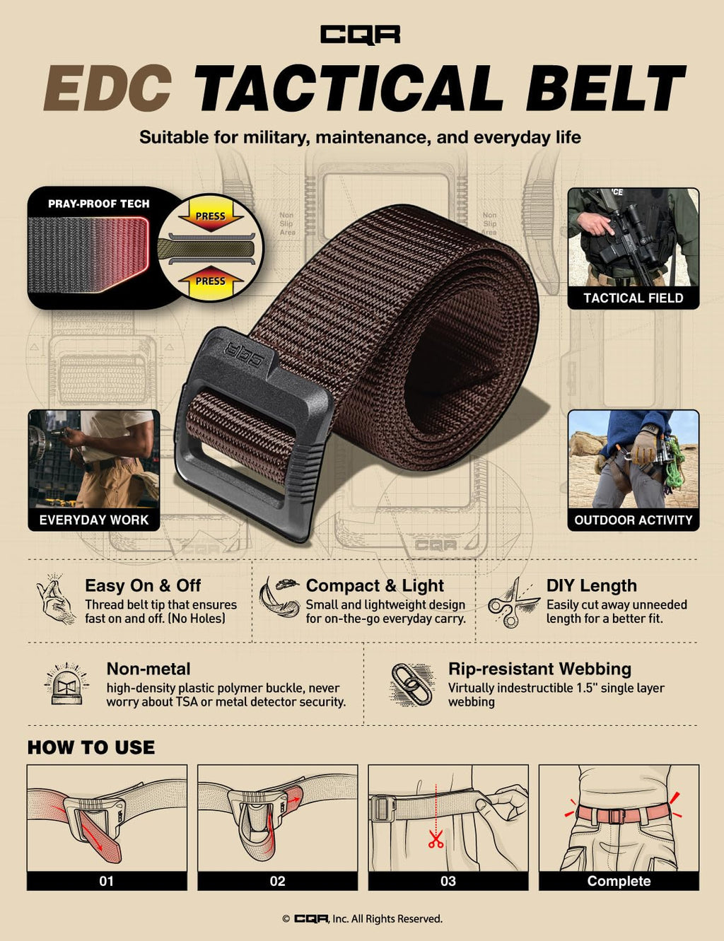 Cqr Tactical Belt, Military Style Heavy Duty Belt, Webbing Edc Quick-Release Buckle, 2Pack Plastic Flip Tab Black/Brown, Small