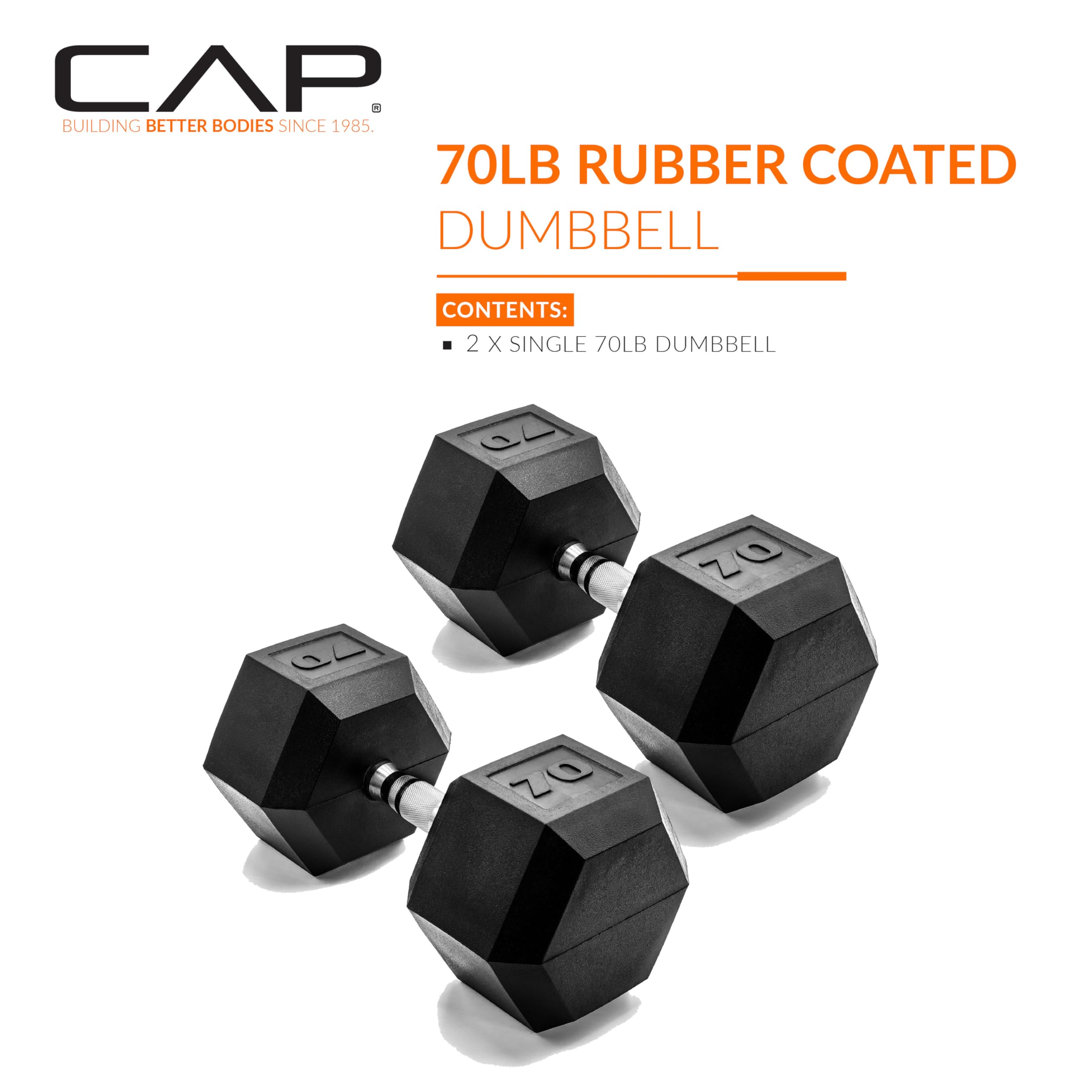 CAP Barbell 70 LB Rubber Coated Hex Dumbbell Hand Weight - Pair | Chrome Handle