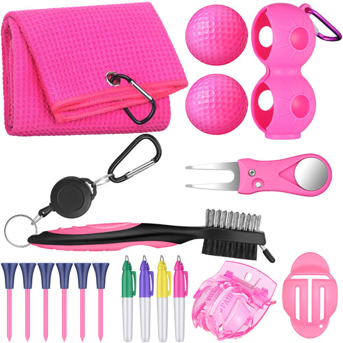 18 Pcs Pink Golf Accessories Kit Include Golf Ball Marker Balls Holder Club Groove Cleaner Brush Divot Repair Plastic Tees Towel