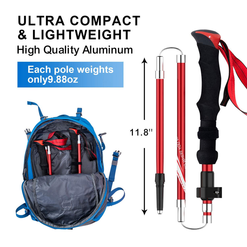 Bisinna Collapsible Trekking Hiking Poles- 2 Pack Folding Aluminum Walking Sticks With Quick Lock System 4 Season Accessories,Te