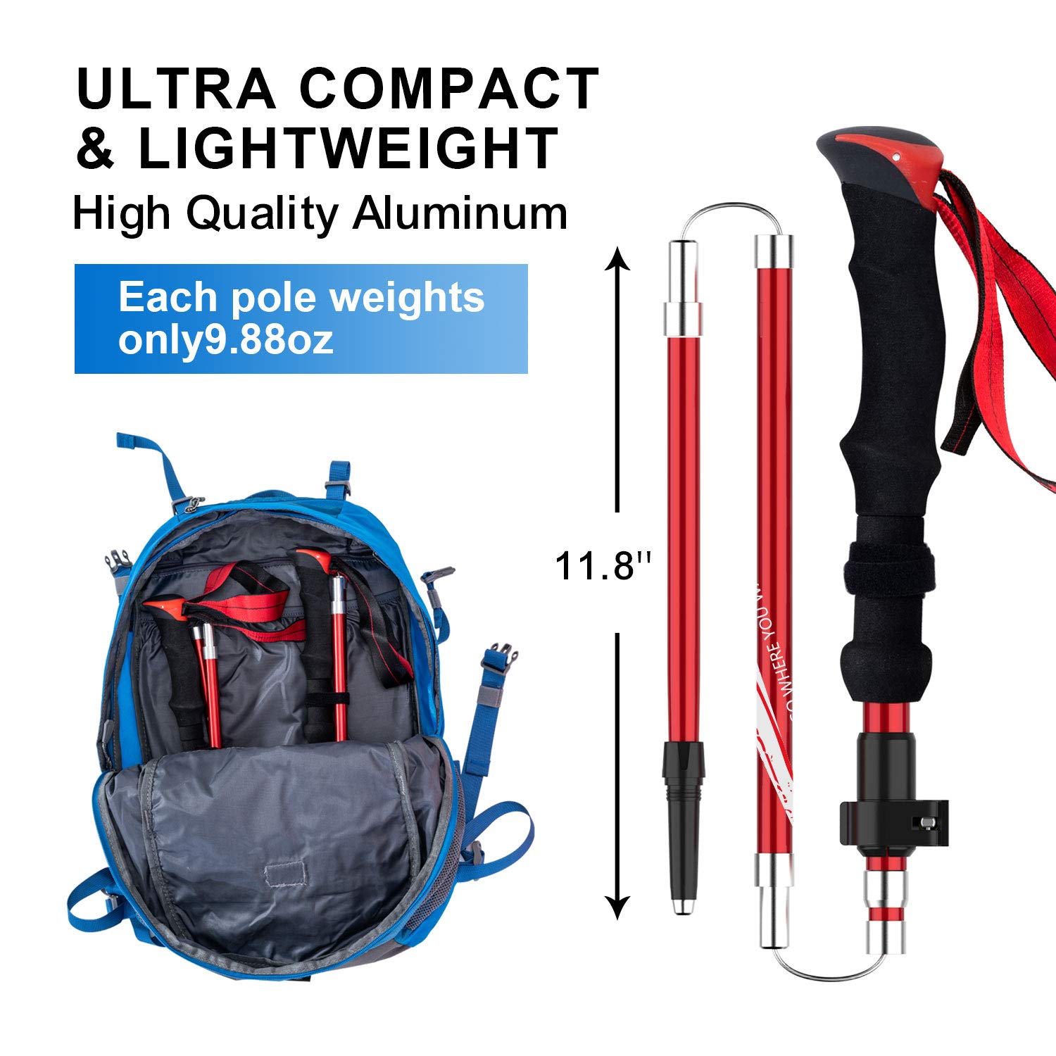 Bisinna Collapsible Trekking Hiking Poles- 2 Pack Folding Aluminum Walking Sticks With Quick Lock System 4 Season Accessories,Te