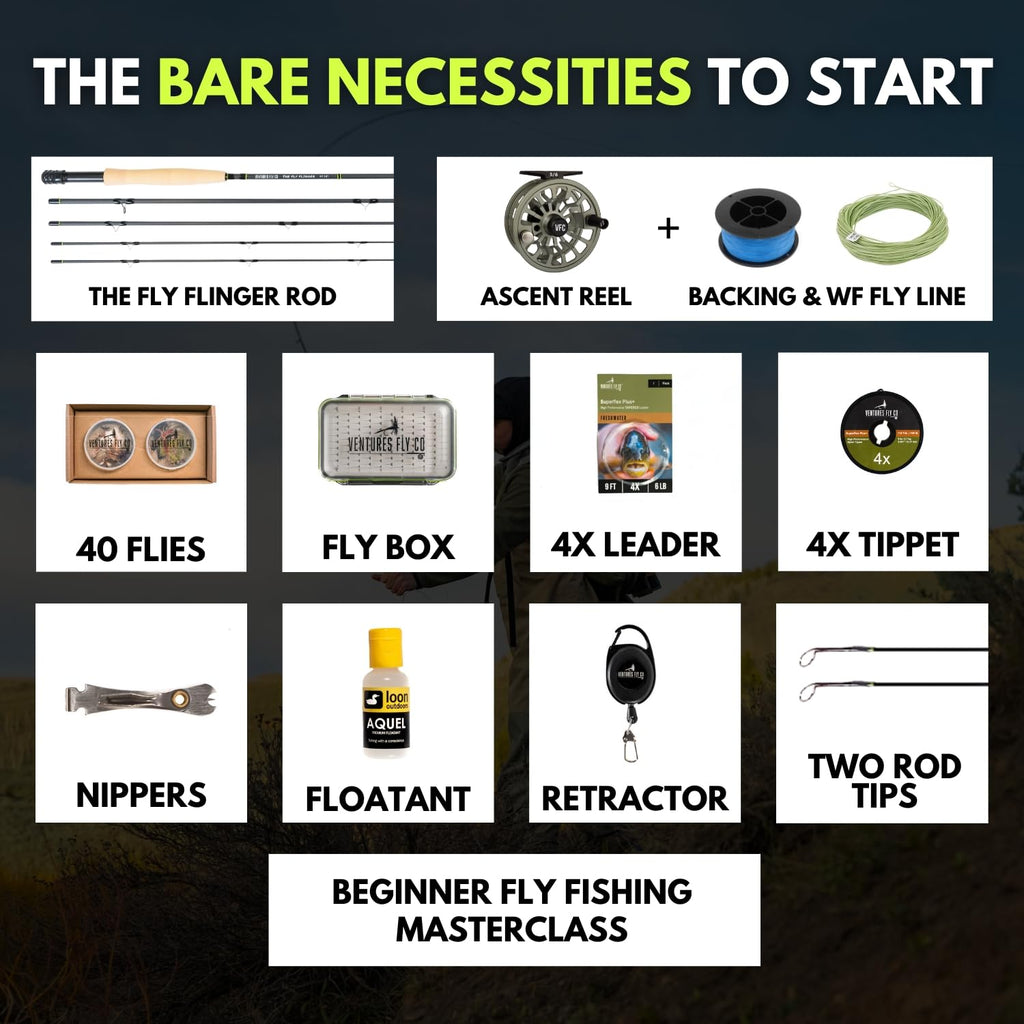 Ventures Fly Co. | Toe Dipper Starter Package | 13 Fly Fishing Accessories Complete Combo | Includes Rod, Reel, Line, Case, Flie